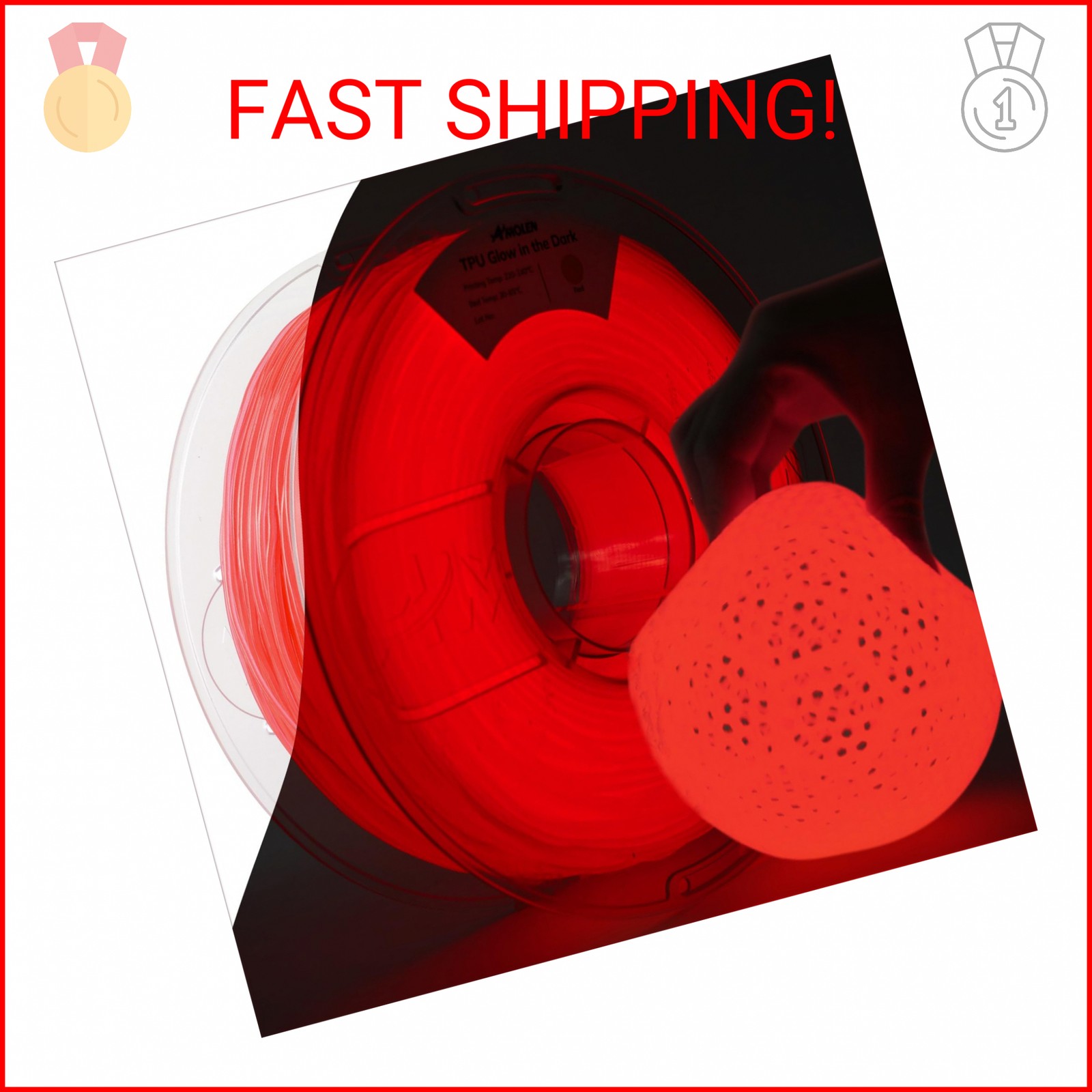 AMOLEN 95A TPU 3D Printer Filament, 1.75mm Glow in The Dark Red, Soft TPU Flexib