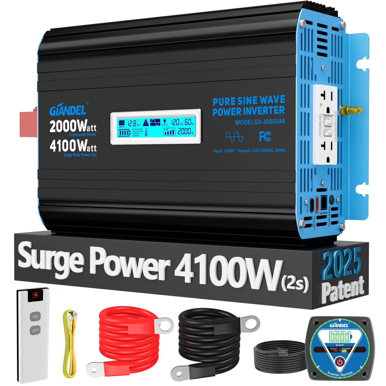 2000 Watt Pure Sine Wave Power Inverter 12V DC to 120V AC,4100W Surge Peak Power