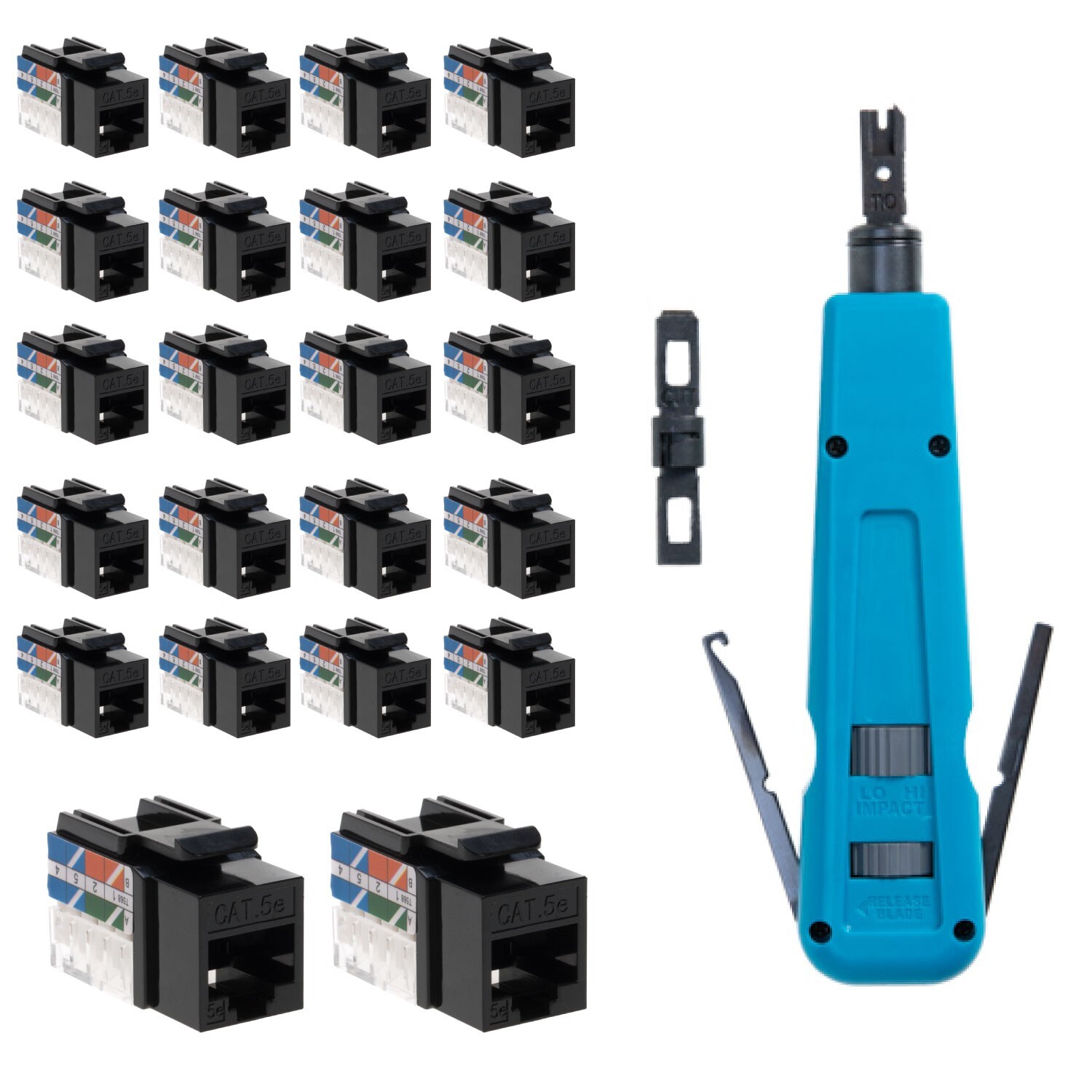 110 & 66 Punch Down Impact Tool With 20 pcs CAT5e Keystone Jack Black 45 Degree