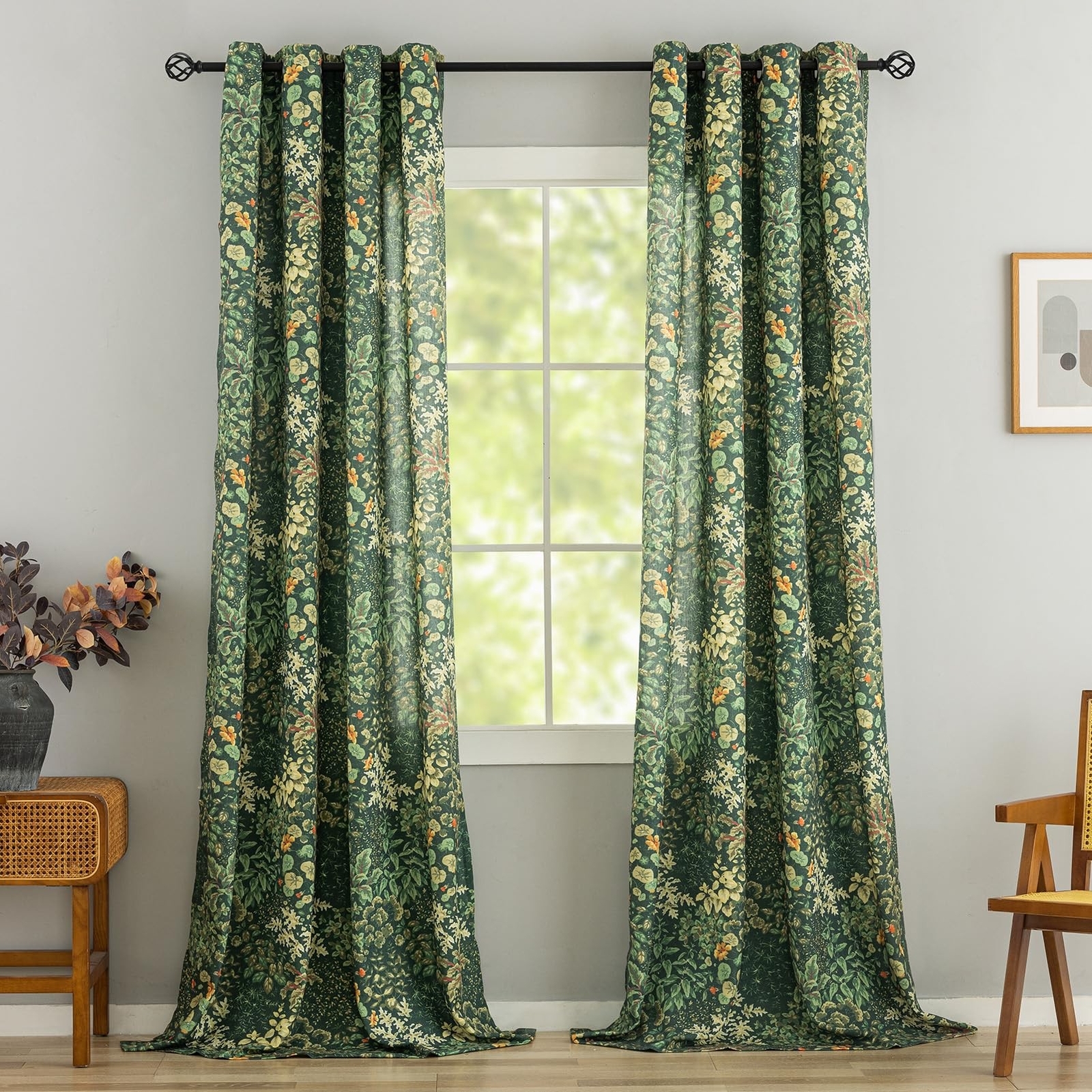 Green Pattern Curtains 95 Inch Length 2 Panels Vintage Boho Botanical Leaf Fl...