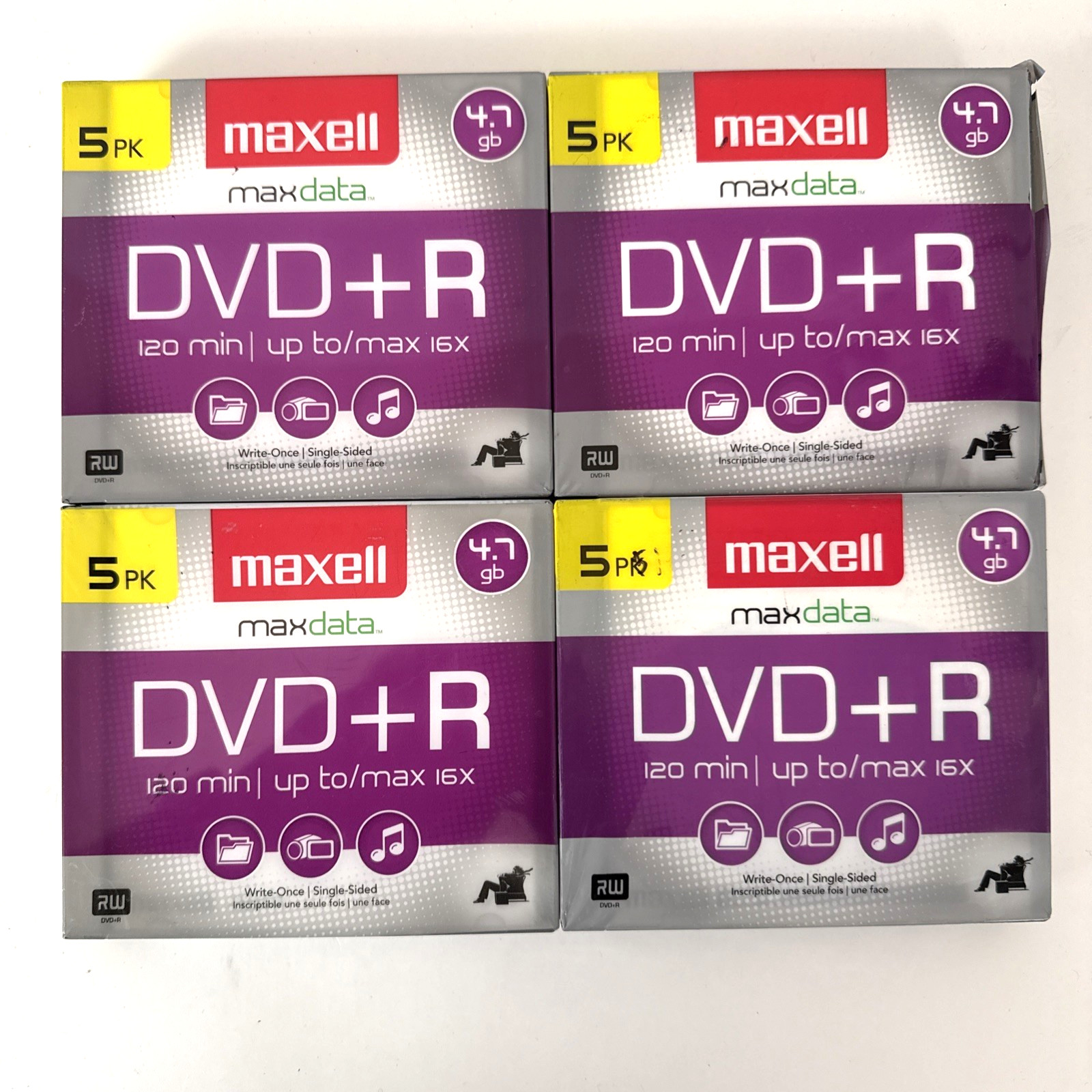 Maxell DVD+R 5 Pack  4.7 gb 120 Min Up To Max 16x New Lot Of 4, 20 Total Discs