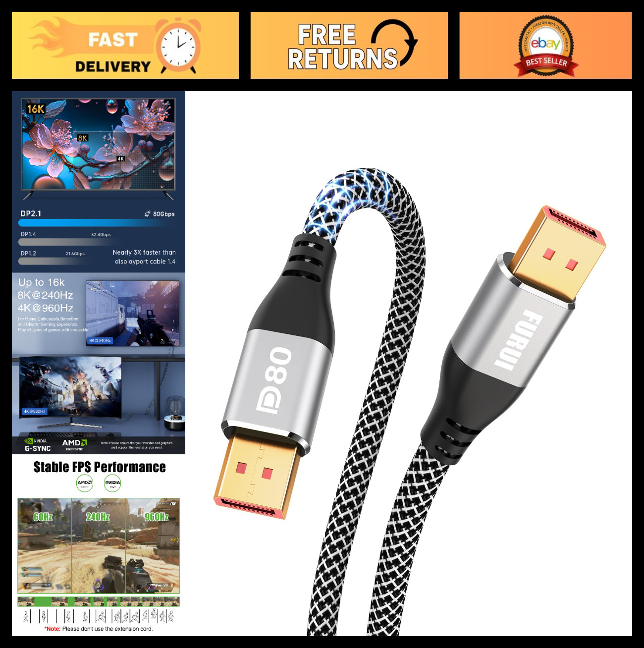 High-Speed 80Gbps DisplayPort 2.1 Cable 6FT 2-Pack, VESA Certified, 8K 240Hz, Ga