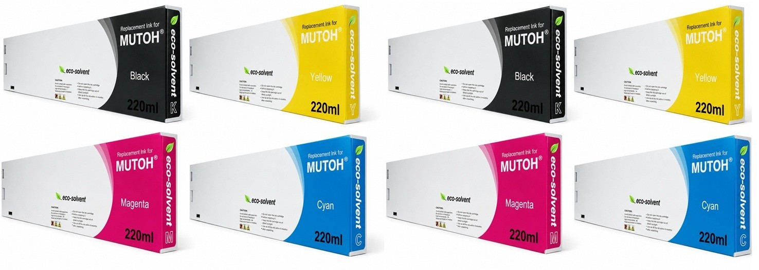 8x COMPATIBLE MUTOH ECO SOLVENT INK CARTRIDGES ValueJet 1204 1304 628 CYMK 220ML