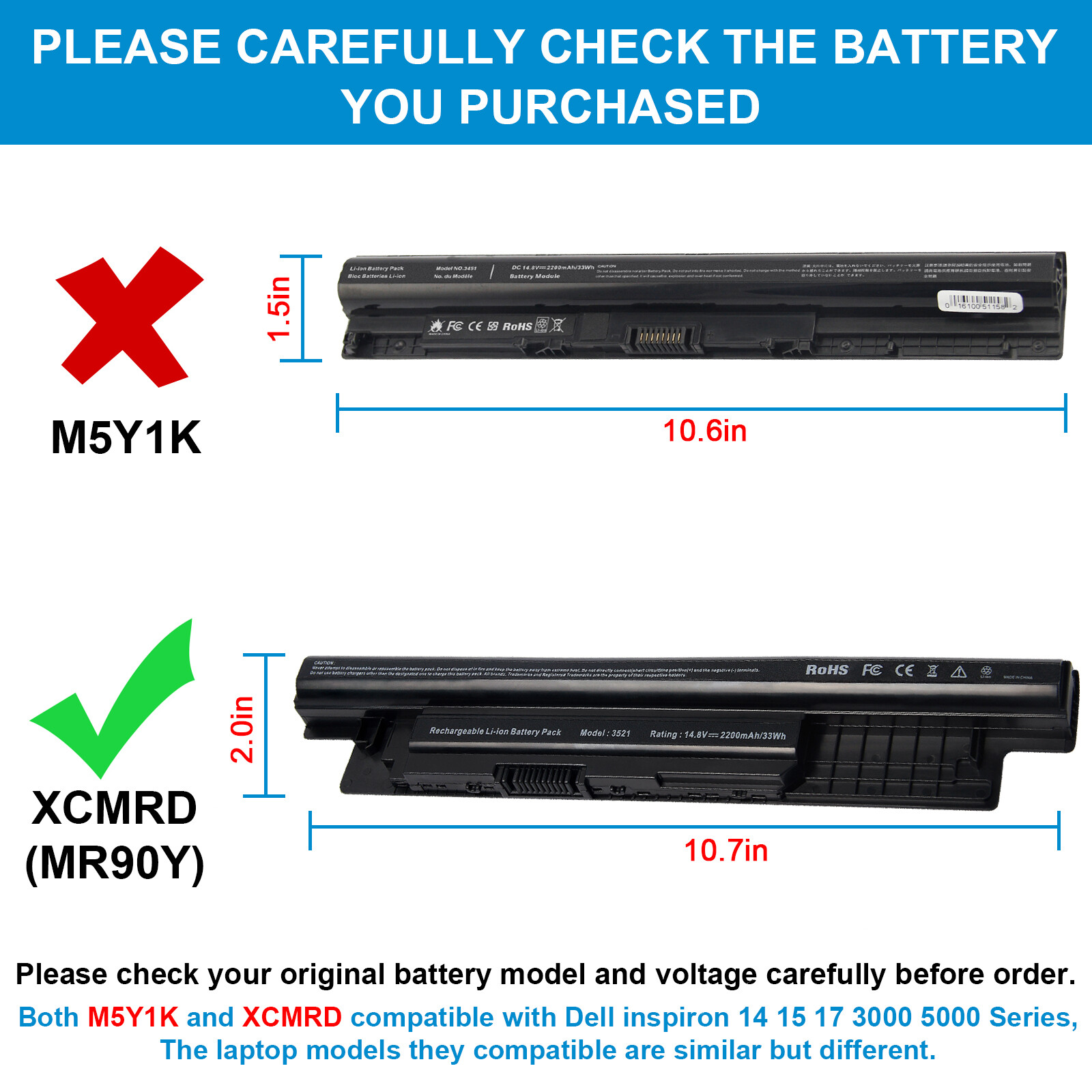 Notebook Laptop Battery MR90Y XCMRD For Dell Inspiron 3421 5521 3521 14.8V 33Wh