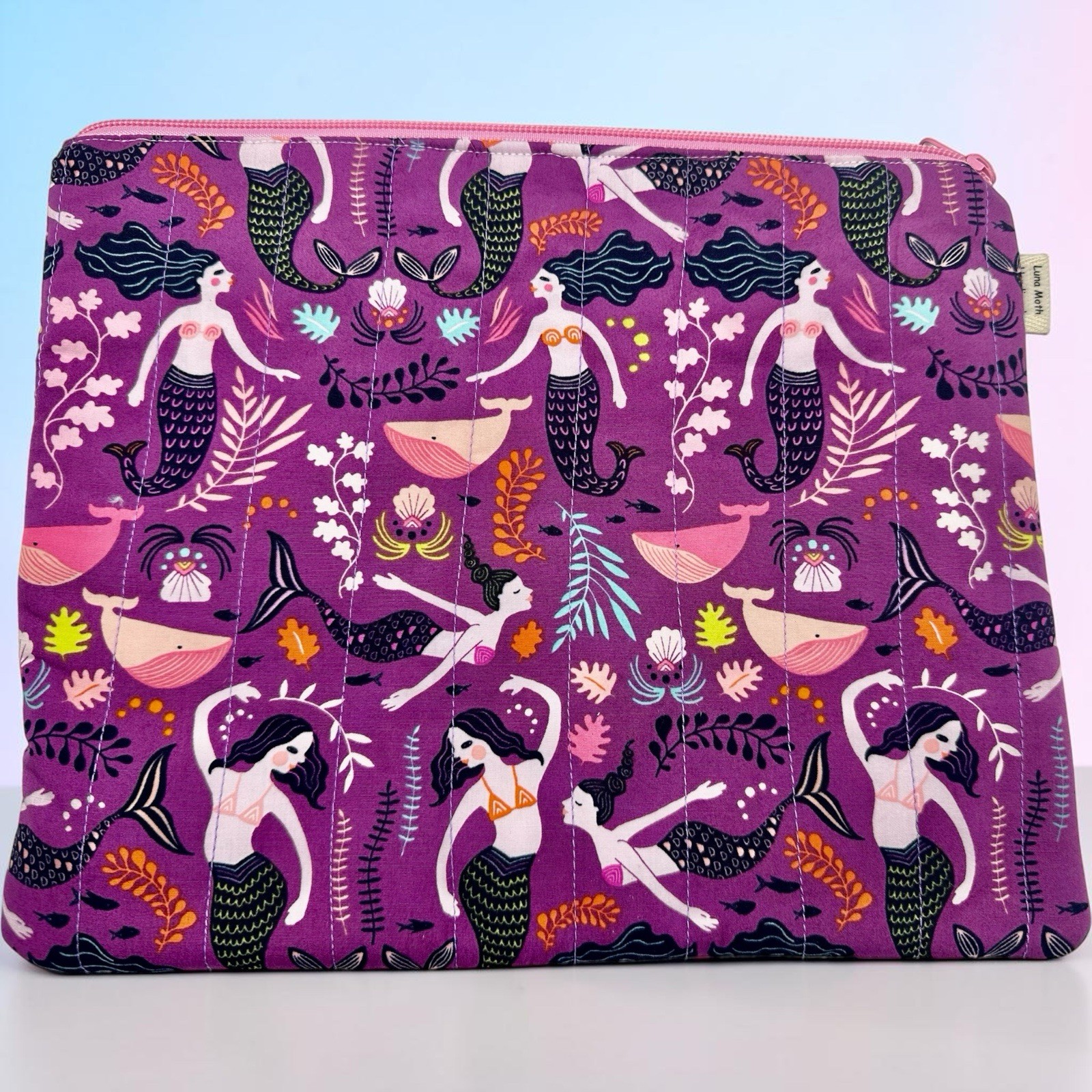 New Handmade Sewn Quilted Cotton Tablet Case Zippered Purple Mermaid  11”x9.5”