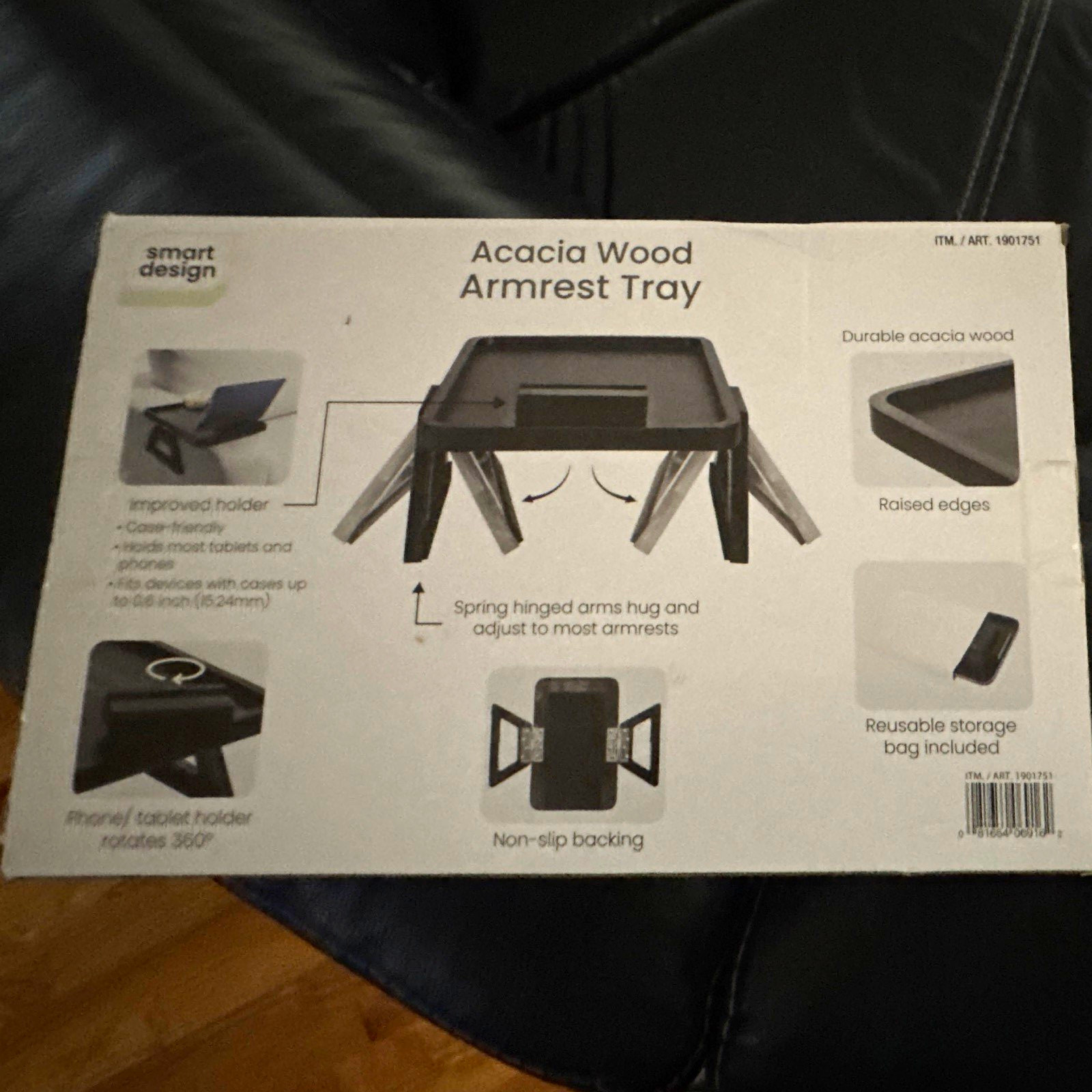 Smart Design Acacia Wood Armrest Tray Desk Stand, Adjustable Non-Slip, Black