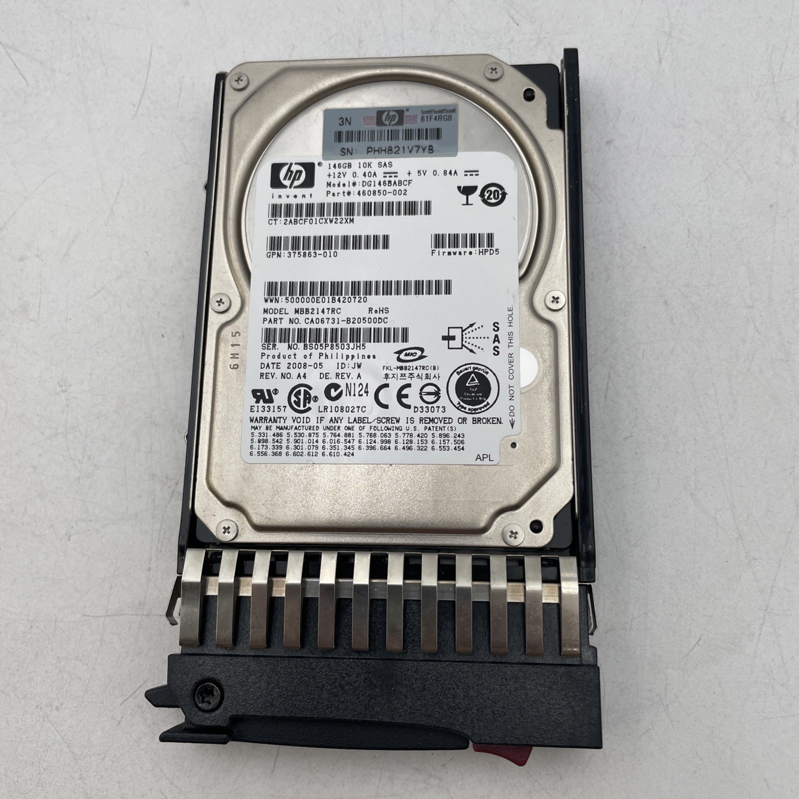 HP 146GB 10K SAS Single Port Hard Drive - Model: DG146BABCFC Pt# 460850-002