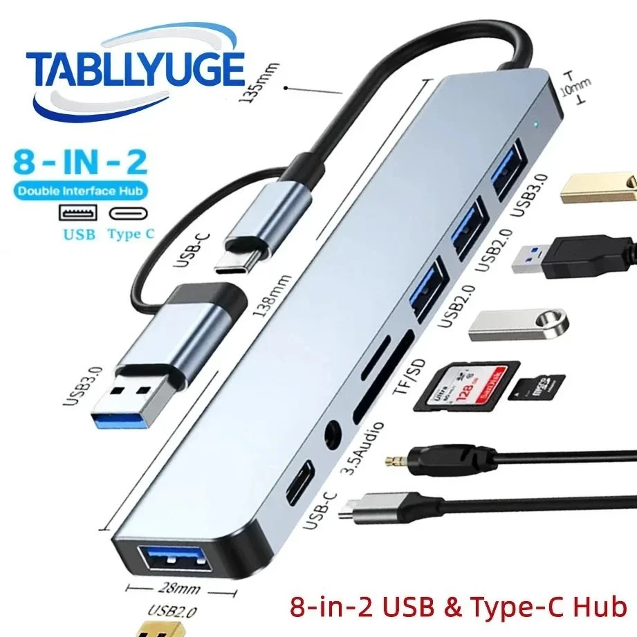 8 in 2Port USB-C Hub Adapter - 5G Speed Multi Splitter for PC, Laptop & MacBook