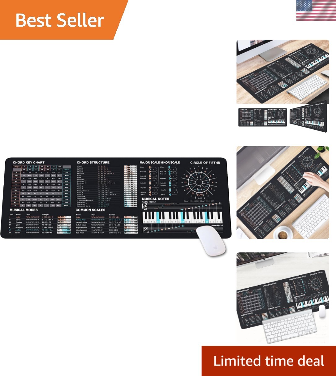 Versatile Rubber Desk Pad with Music Theory Chords - Easy to Clean 31.5" x 11.8"