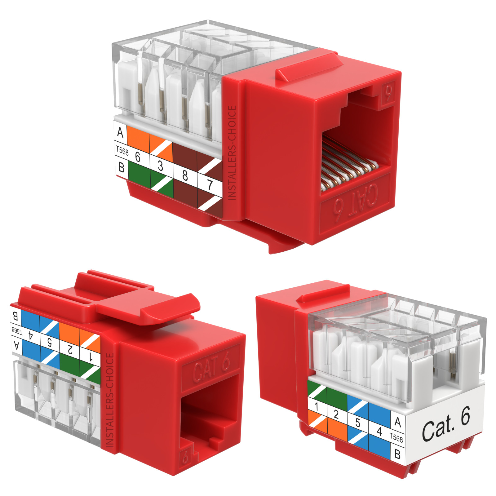 100 Pack Cat6 45° Angled Keystone Jack RJ45 110 Punchdown 8P8C Red Ethernet