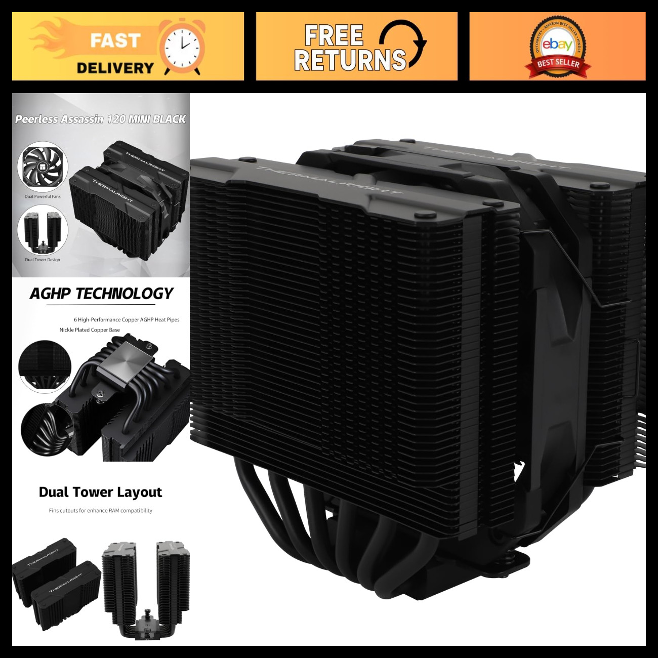High-Performance CPU Air Cooler, 6 Heat Pipes, Dual Tower Design, PWM Fans, Inte