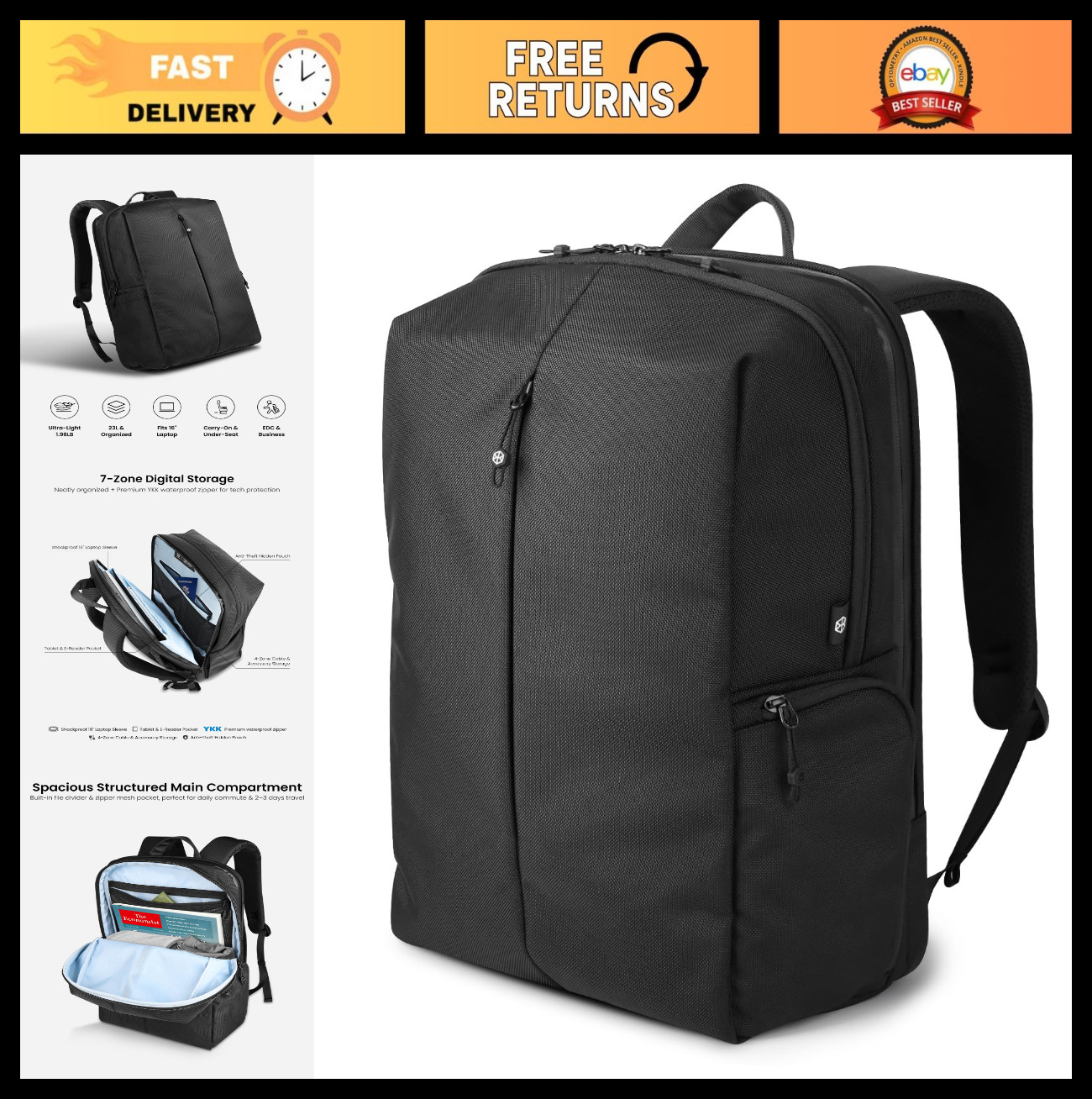Ergonomic 23L Laptop Backpack, Fits 16" MacBook, Water Resistant, Anti-Theft, TS