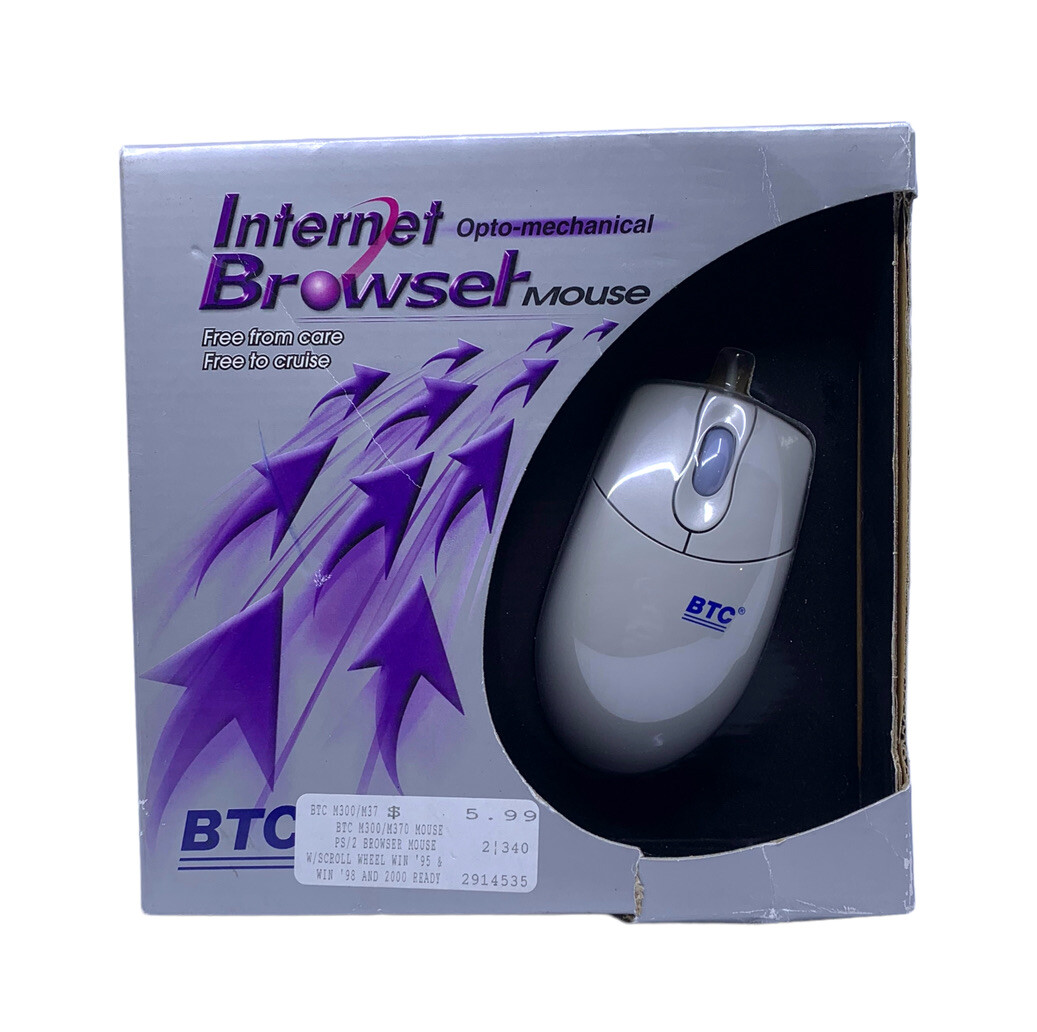 Vintage BTC M370 Internet Browser Mouse Wired PS/2 Tracker Ball Gray NOS New