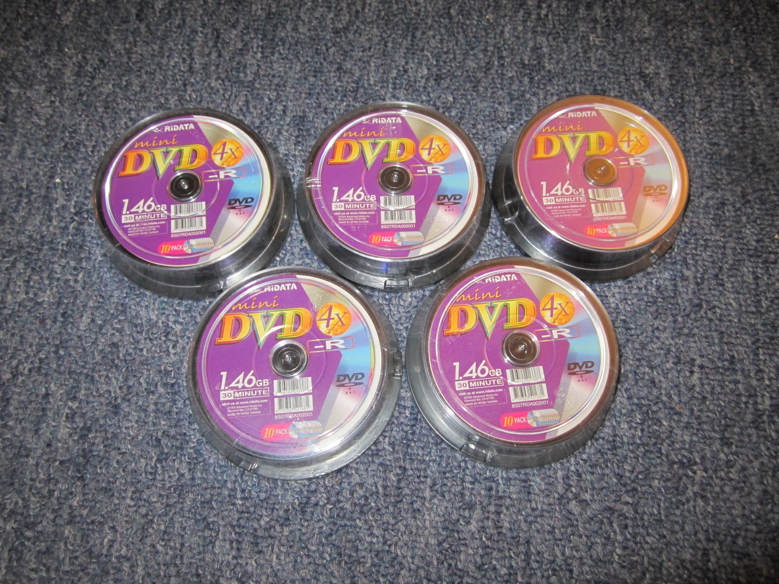 Lot Of 5 RIDATA 4X Mini DVD-R Media Spindle 1.46GB 10 Pack 50 TOTAL NEW Sealed