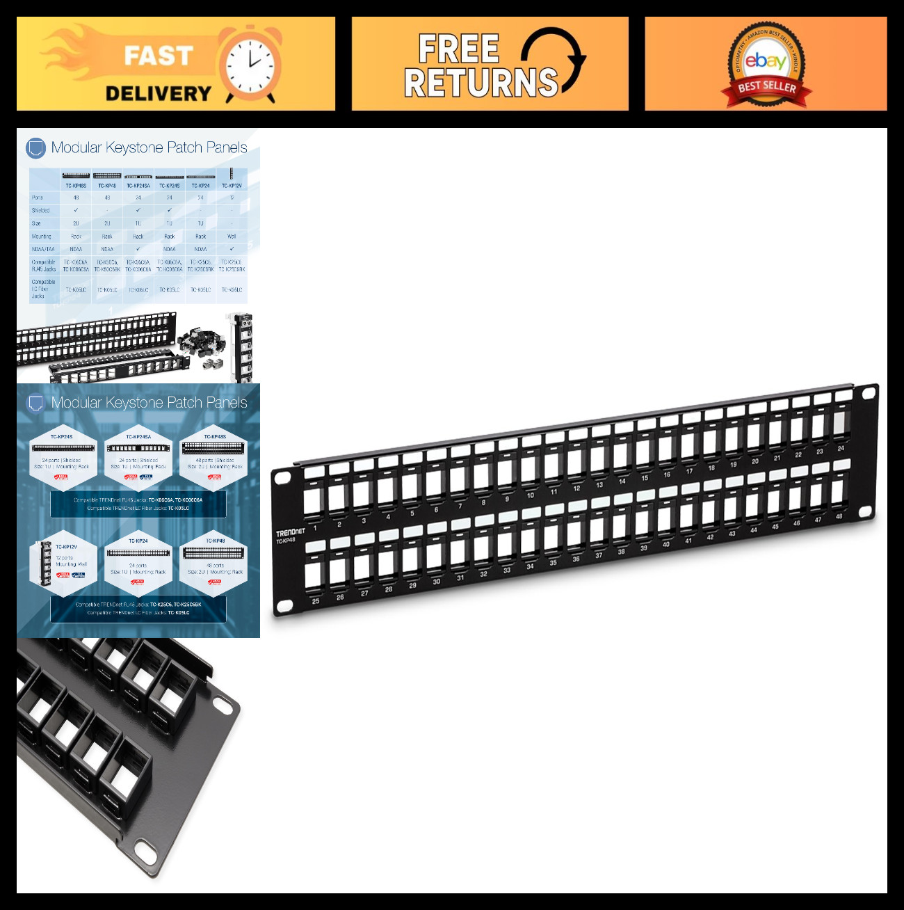 48-Port 2U HD Patch Panel, Metal Rackmount, Keystone Network Panel, Cat6 Compati
