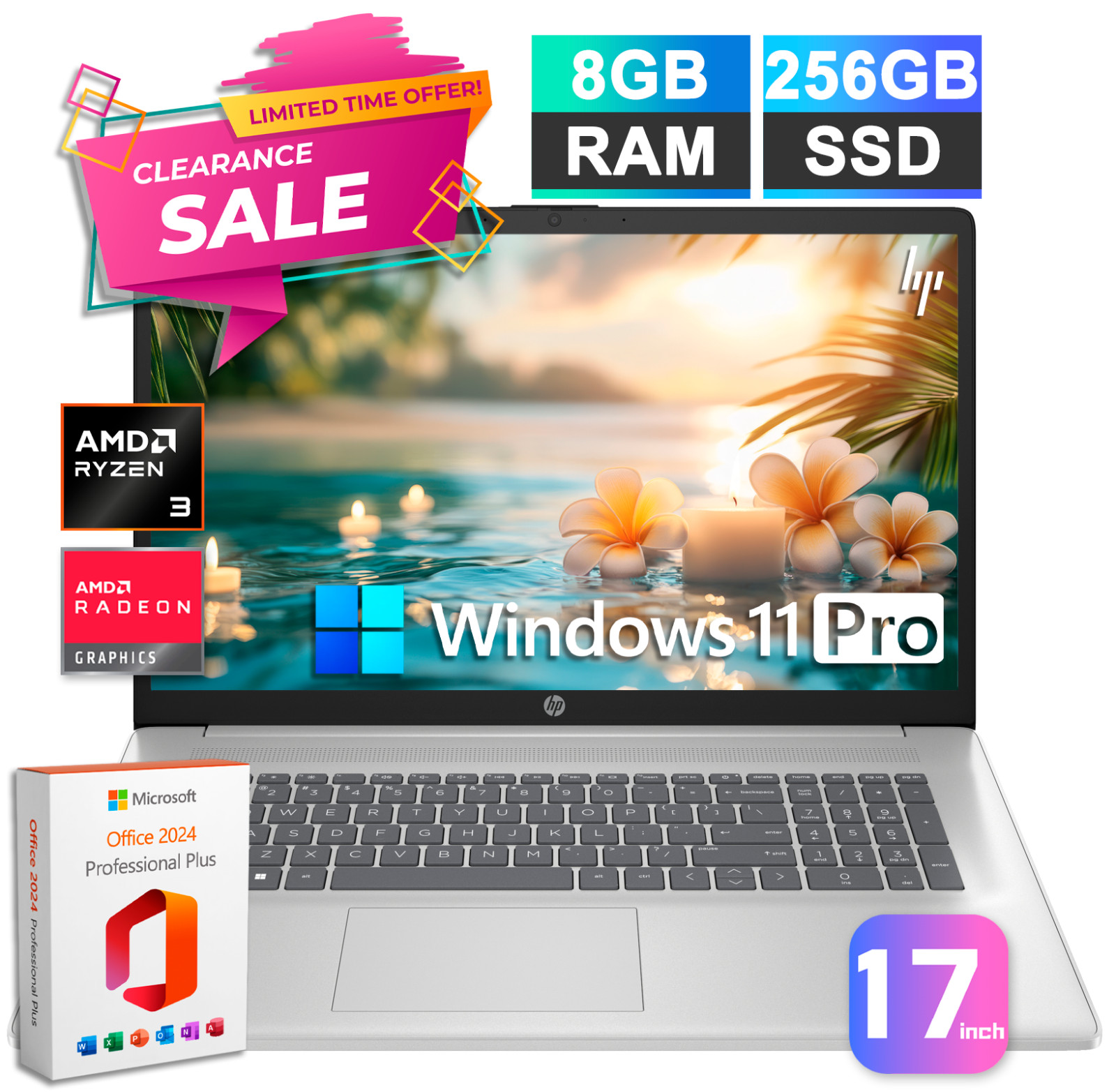 HP Laptop Computer 17.3 Ryzen 3, Up to 4.1 GHz 8GB RAM 256GB SSD Office 2024 Pro