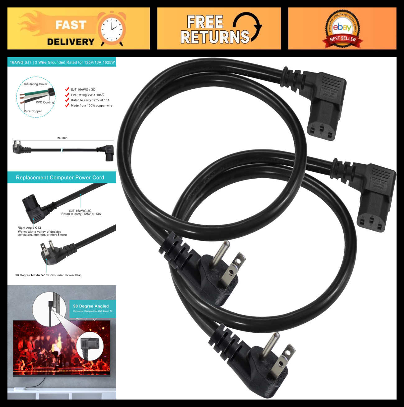 2 Pack 90 Degree Power Cord 2FT Low Profile Flat Plug Right Angle IEC C13 16AWG
