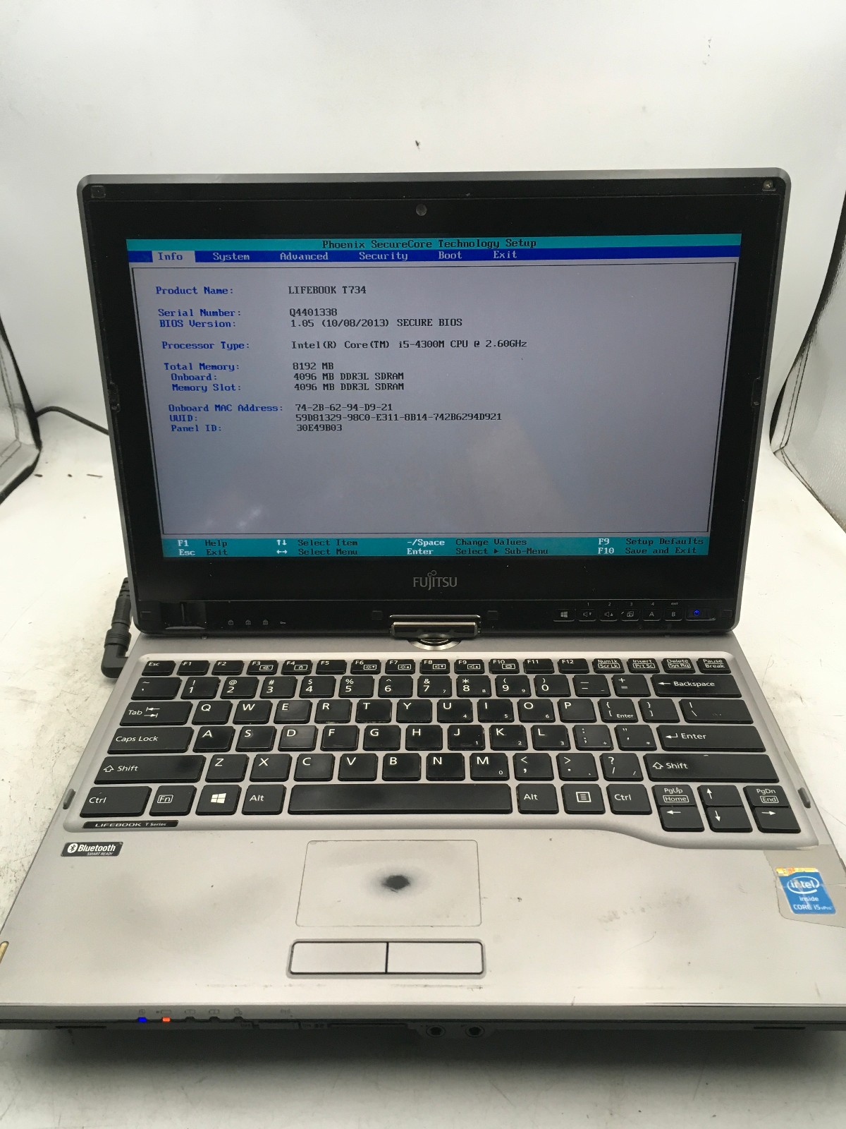 FUJITSU LIFE T734 - BOOTS TO BIOS - INTEL I5 4300U - 8GB RAM - NO OS - READ - BB
