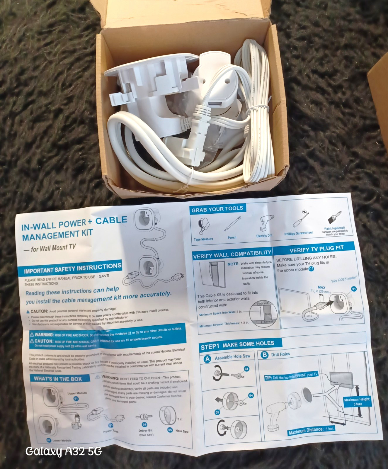 In-Wall Recessed 2-Outlet Power Cable Management Kit 5.25 ft White
