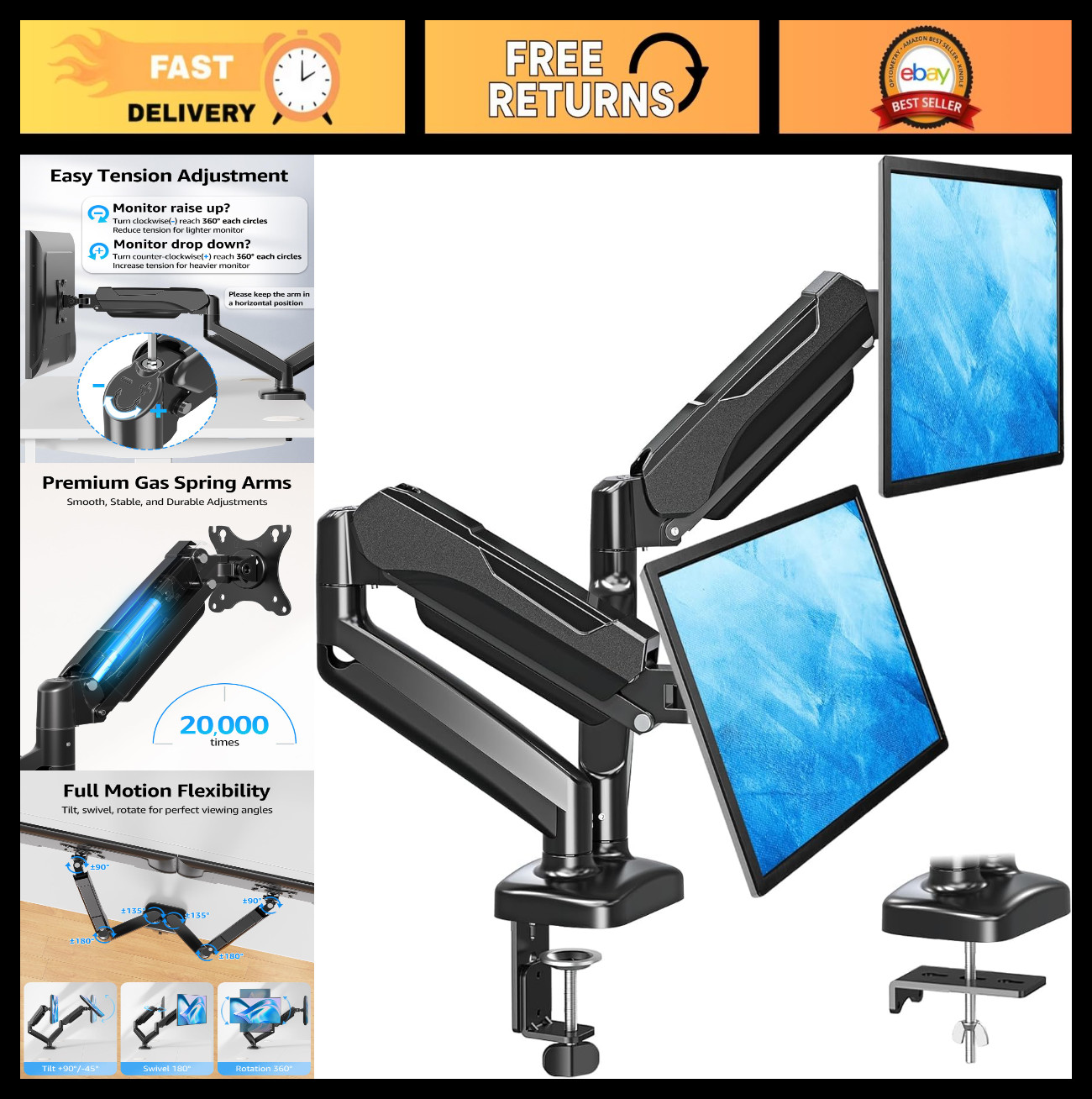 Dual Monitor Stand for Desk - Adjustable Arms for 2 Screens 22"-32", VESA Mount,