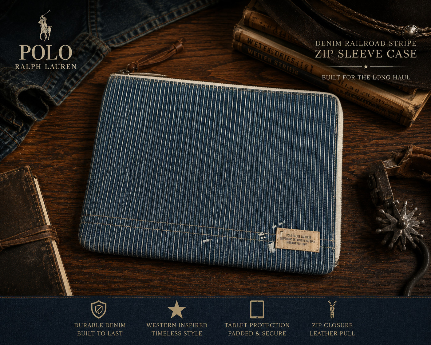 $125 Polo Ralph Lauren Tablet Western Denim Railroad Stripe Zip Sleeve Case Blue