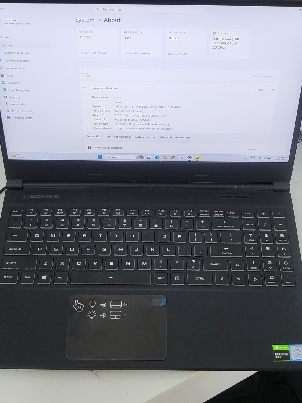 evoo Gaming laptop EG-LP4 iCore i7-9750H 2.6GHz 16GB RAM SSD 256GB GTX1650 4GB
