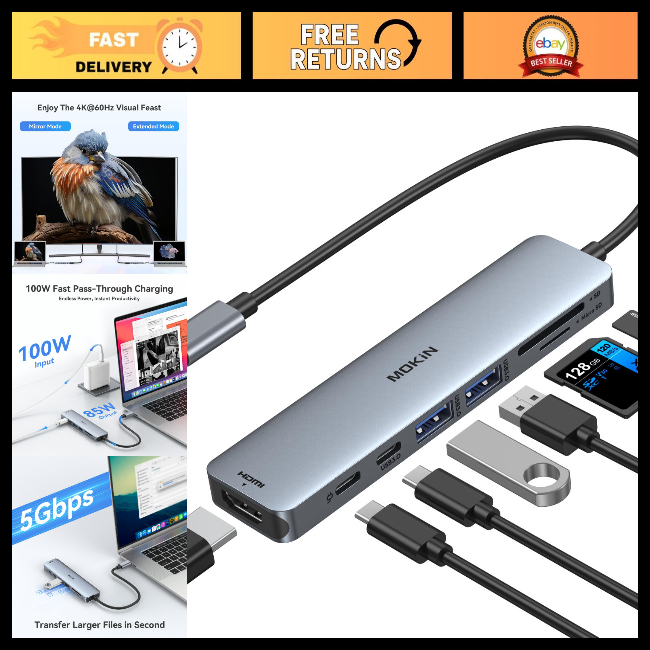 7-in-1 USB C Hub HDMI Adapter, SD/TF Card Reader, 100W PD, 2 USB 3.0 Ports