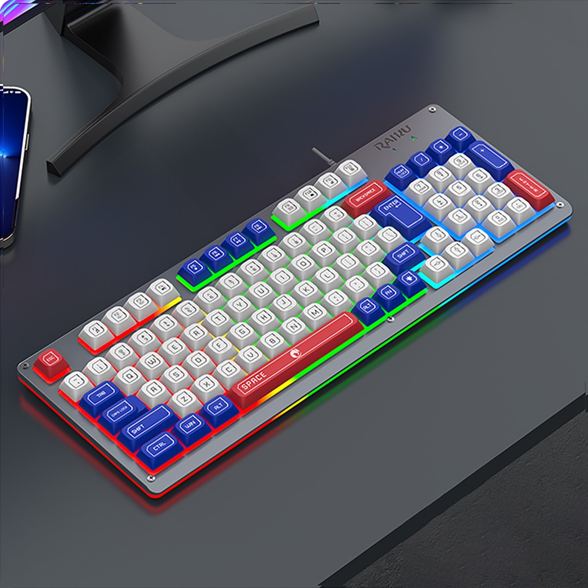 94 Keys Wired Gaming Keyboard Rainbow Lighted Metal Cover Ergonomic Compact