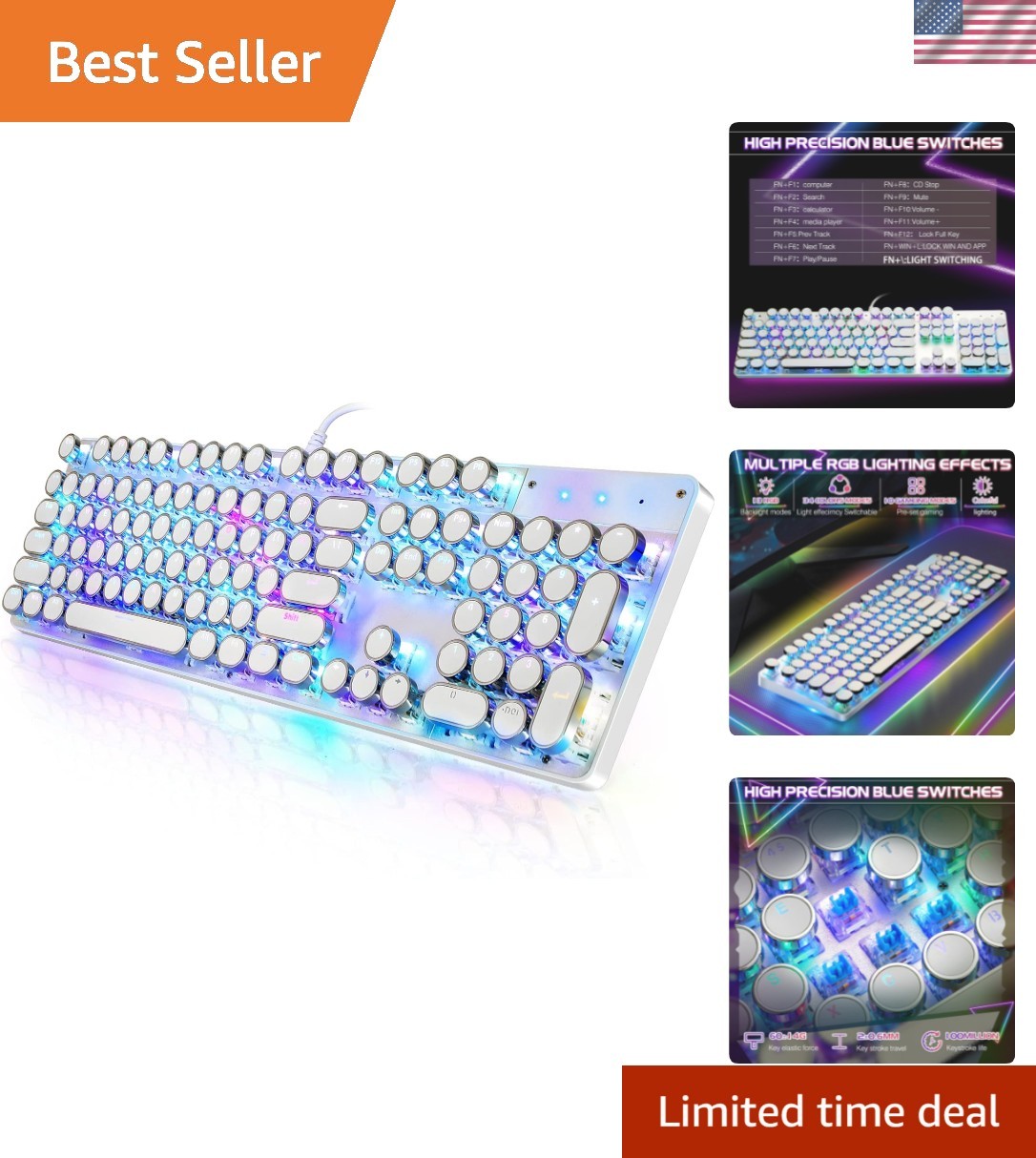 Typewriter Style Mechanical Gaming Keyboard RGB Backlit Wired with Blue Switc...