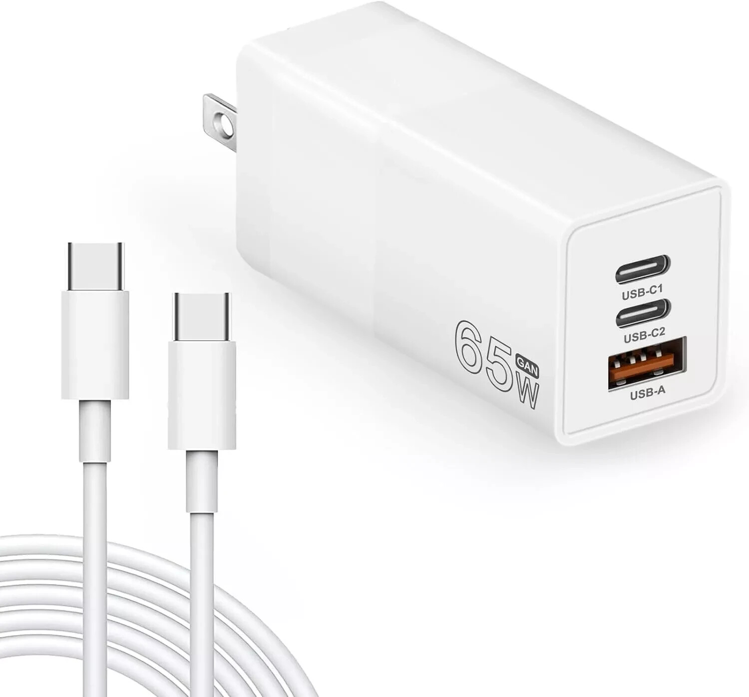 65W 20V GaN 3-Port USB C Fast Wall Charger with USB-C Cable For iPhone Samsung