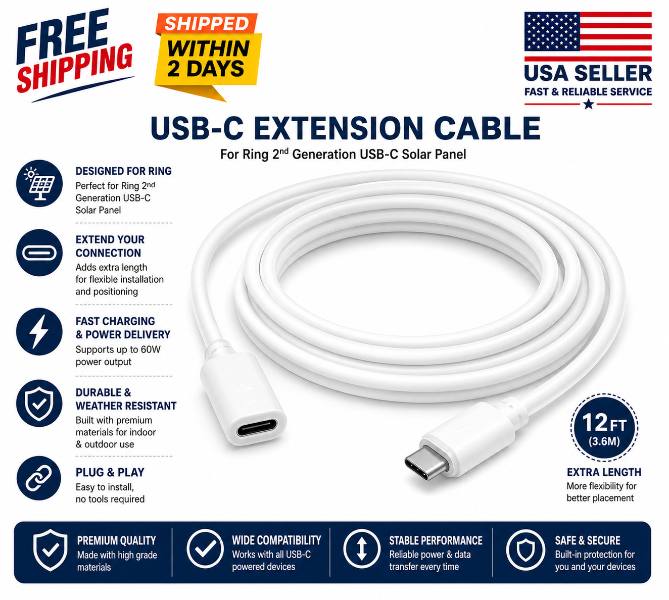 Enhance Outdoor Security: 12FT USB-C Extension for Ring Camera & Solar Panel