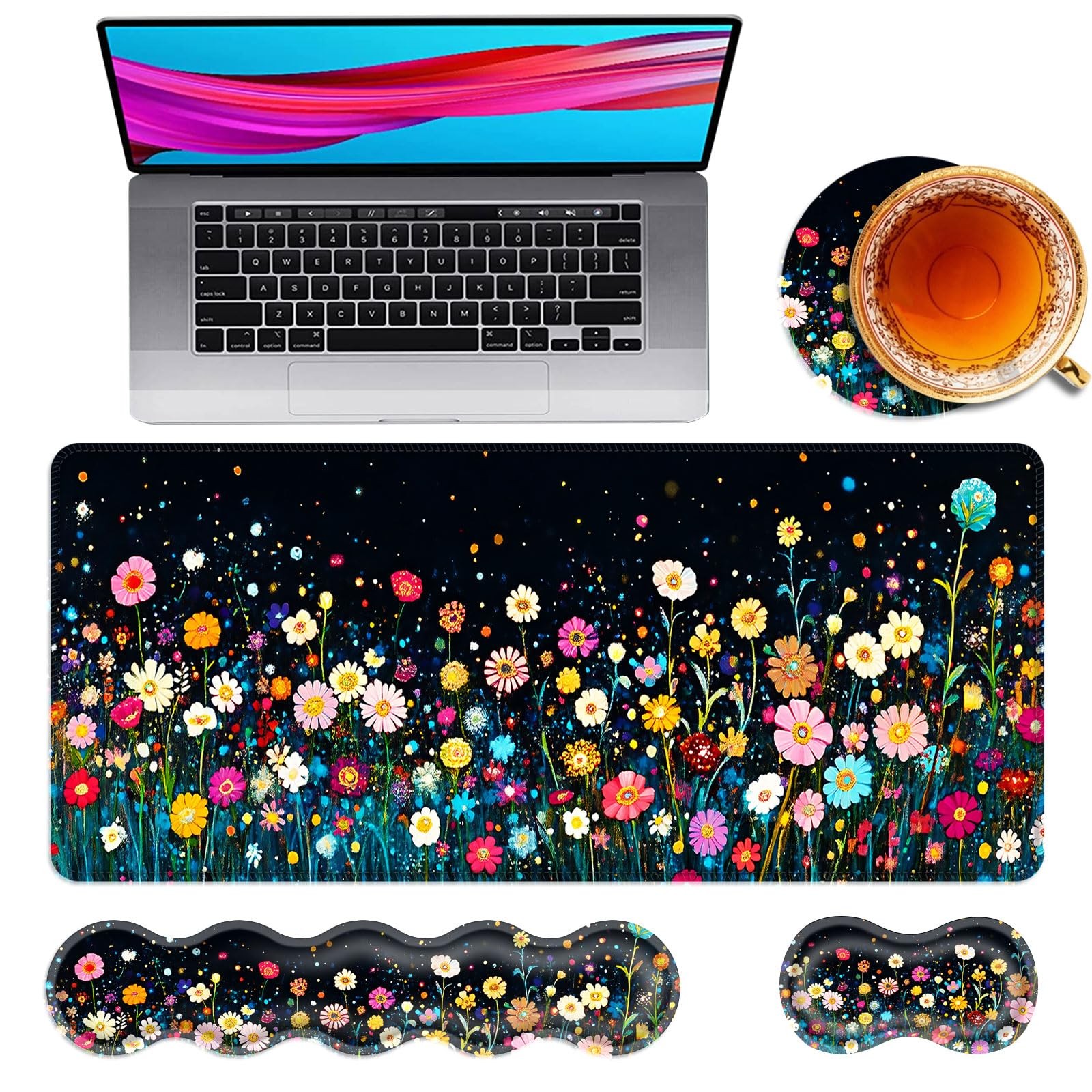 Large Mouse Pad Keyboard Wrist Rest 4in1 Gaming Desk Mat Flower Field