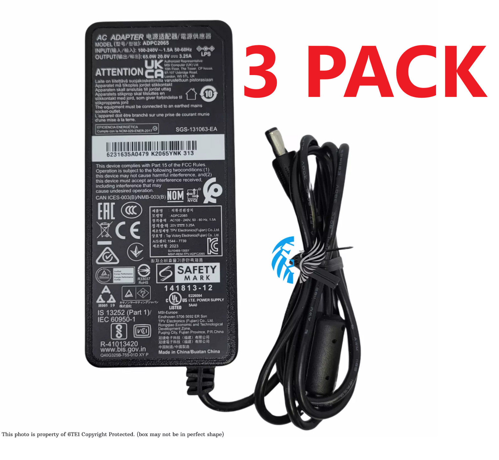 3 PACK AC Adapter ADPC2065 65W 20V 3.25A Power Supply for Monitors (Original)™