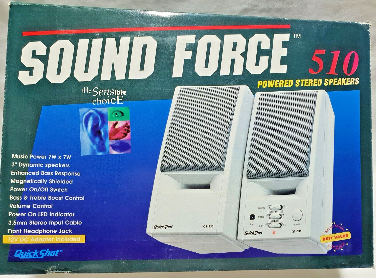 Retro QuickShot QS-830 Sound Force 510 Powered Stereo Speakers 7+7 Watts NEW