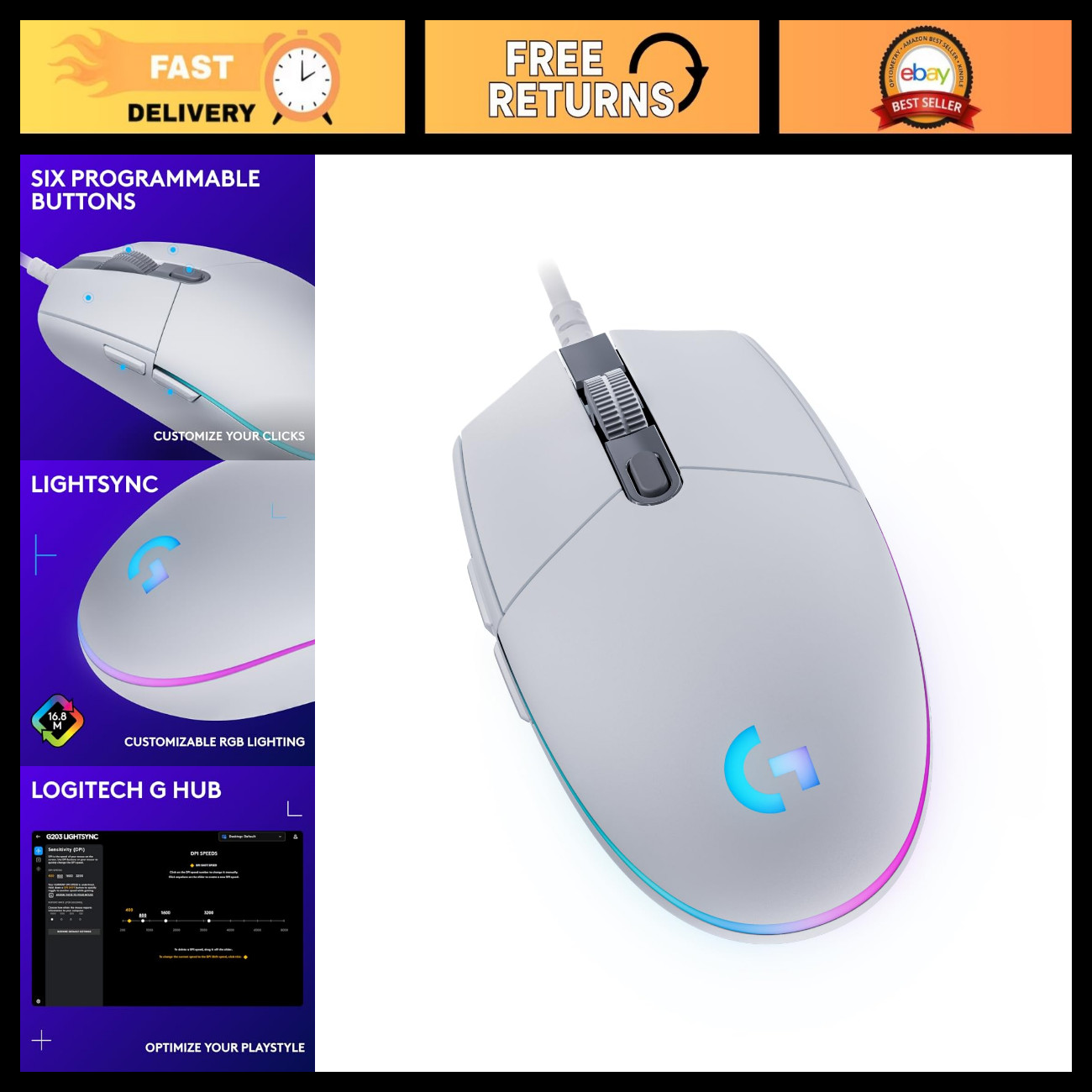 Wired Gaming Mouse - RGB Lighting, High Precision Sensor, Ergonomic Design - Whi