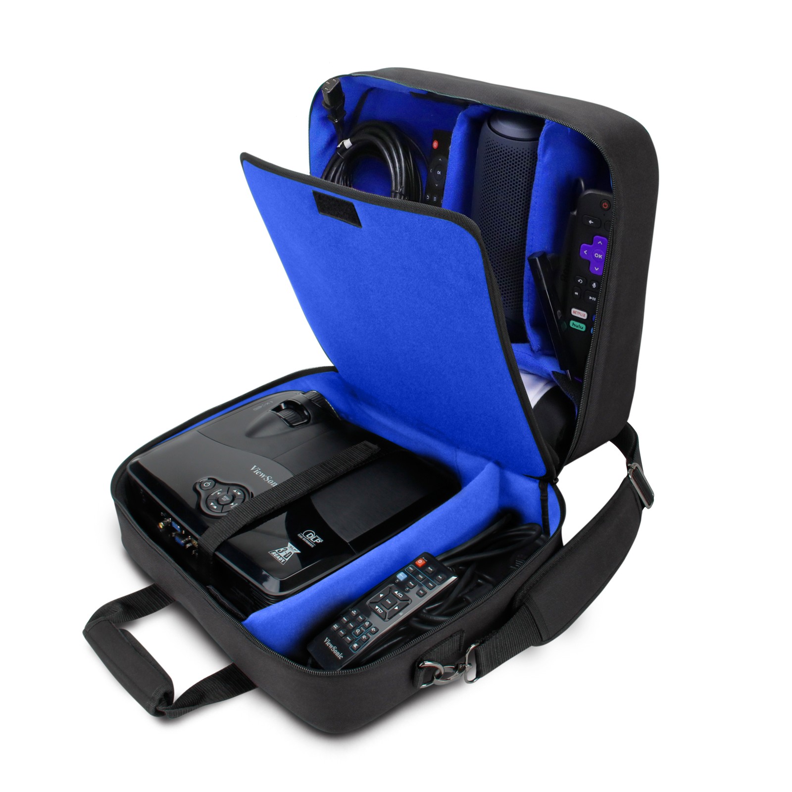 Projector Case with Shoulder Strap, Extra Storage & Custom Dividers (Blue)