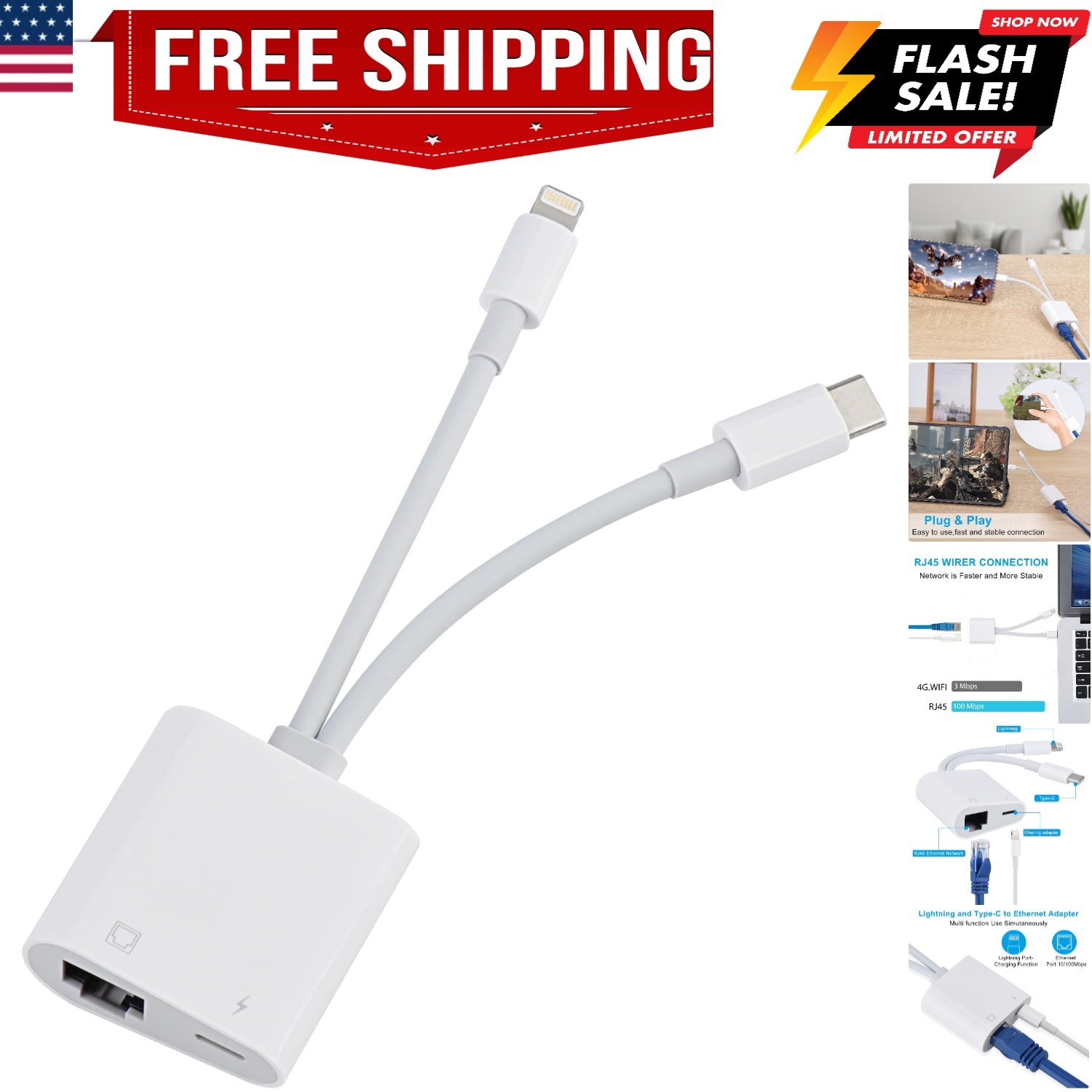 Lightning and USB C to Ethernet Adapter,2 in 1 RJ45 Ethernet LAN Network Adap...