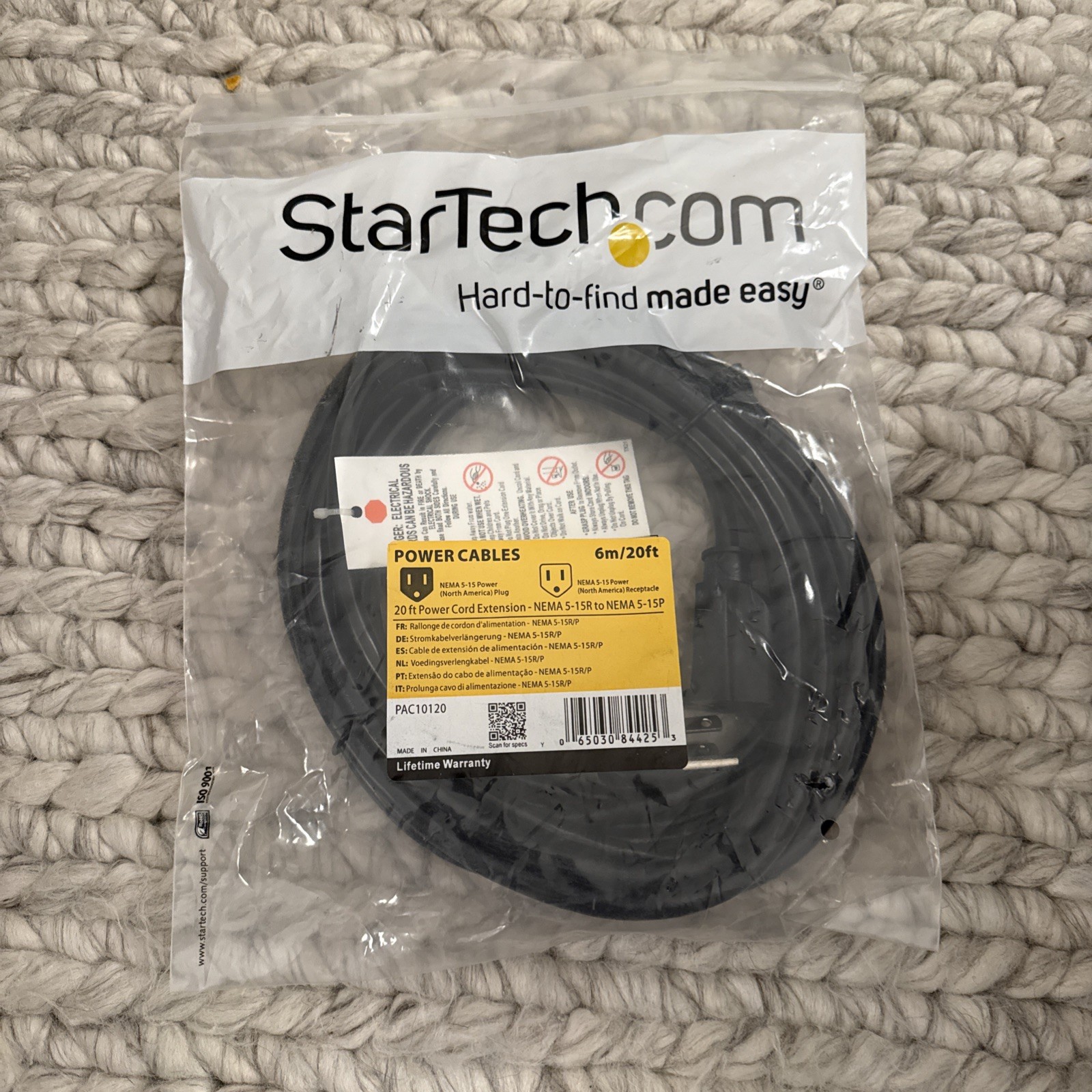 StarTech 20 Ft/6M Power Cord Extension-NEMA 5-15R to NEMA 5-15P PAC10120