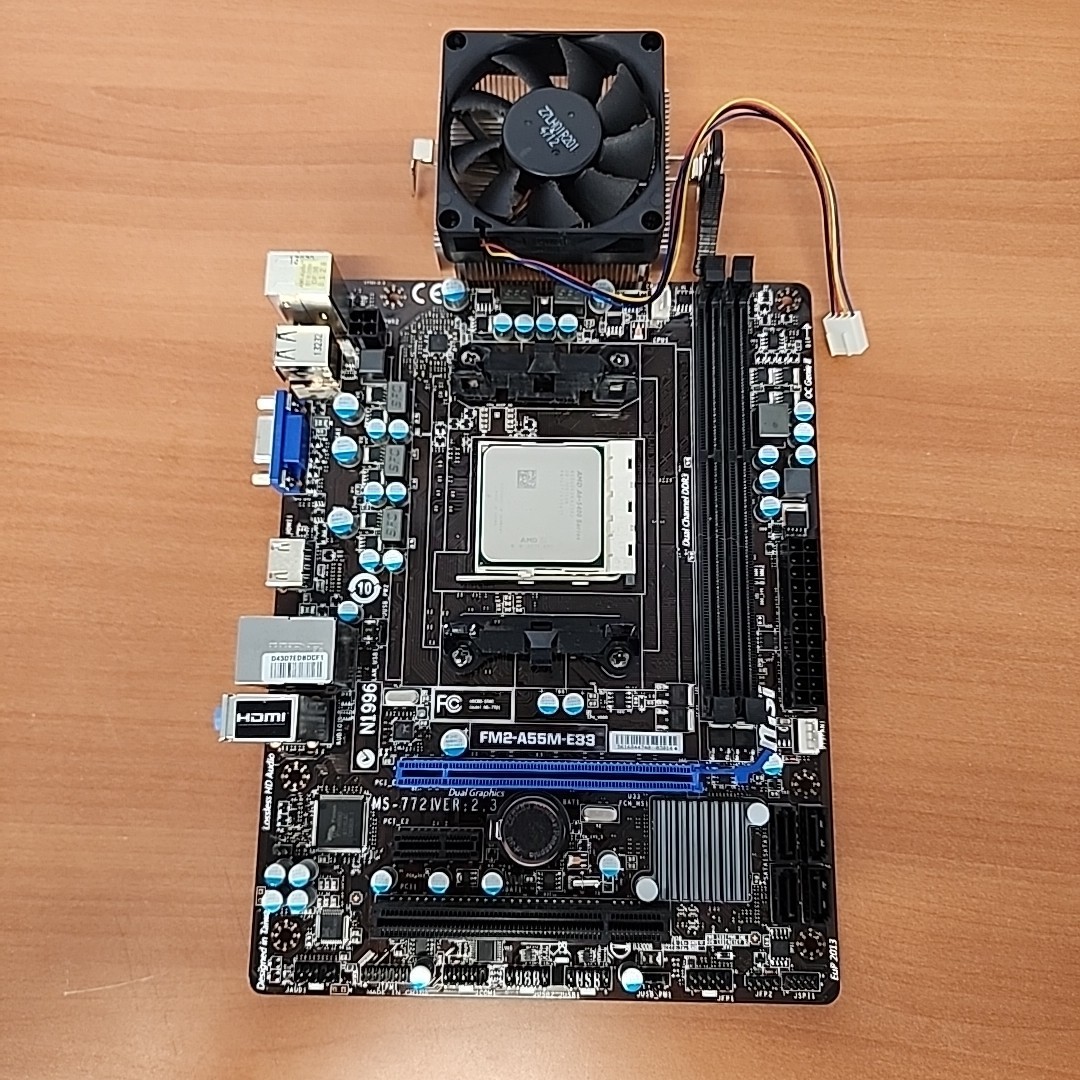MSI FM2-A55M-E33, Socket FM2, AMD Motherboard w/ Fan and a6-5400  NO IO Plate