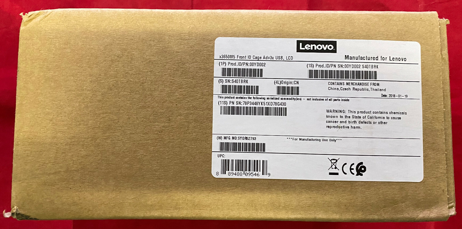 New Sealed LENOVO 00YD002 x3650 M5 Front IO Cage Adv3xUSB,LCD w/3 Mon. War. Qty8