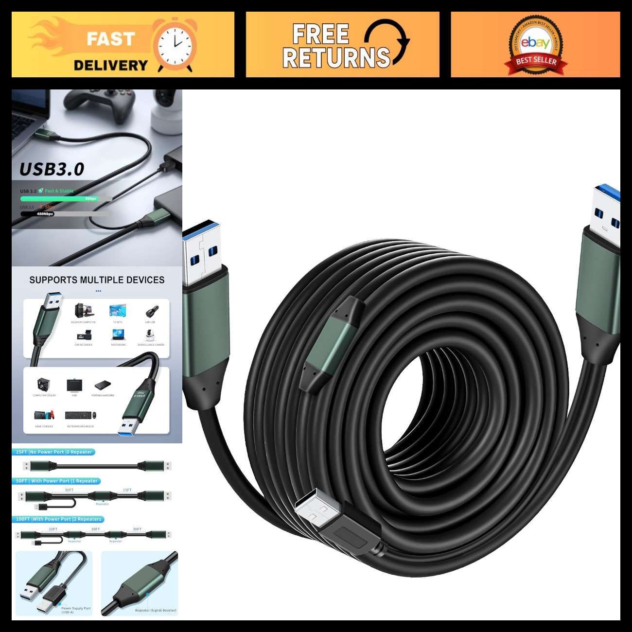 50Ft USB 3.0 Male to Male Cable - Fast Data Transfer for Hard Drives, Laptops, D