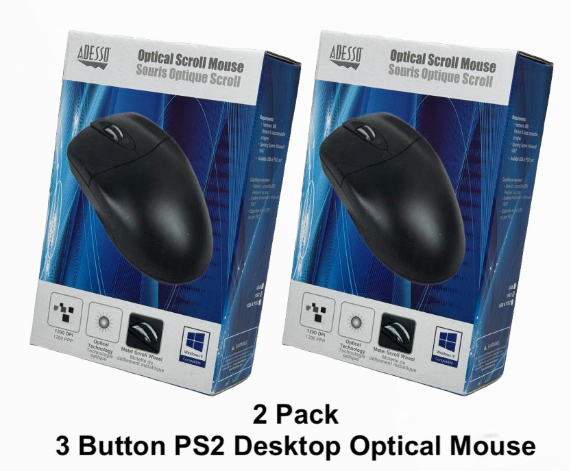 2 Pack of 3 Button PS2 Desktop Optical Mouse Black Metal Scroll Wheel 1200 DPI