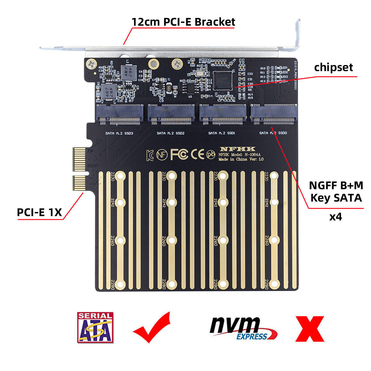 4 M.2 SATA NGFF SSD to PCI-E X1 Expansion Card Adapter with 12cm PCI-E Bracket
