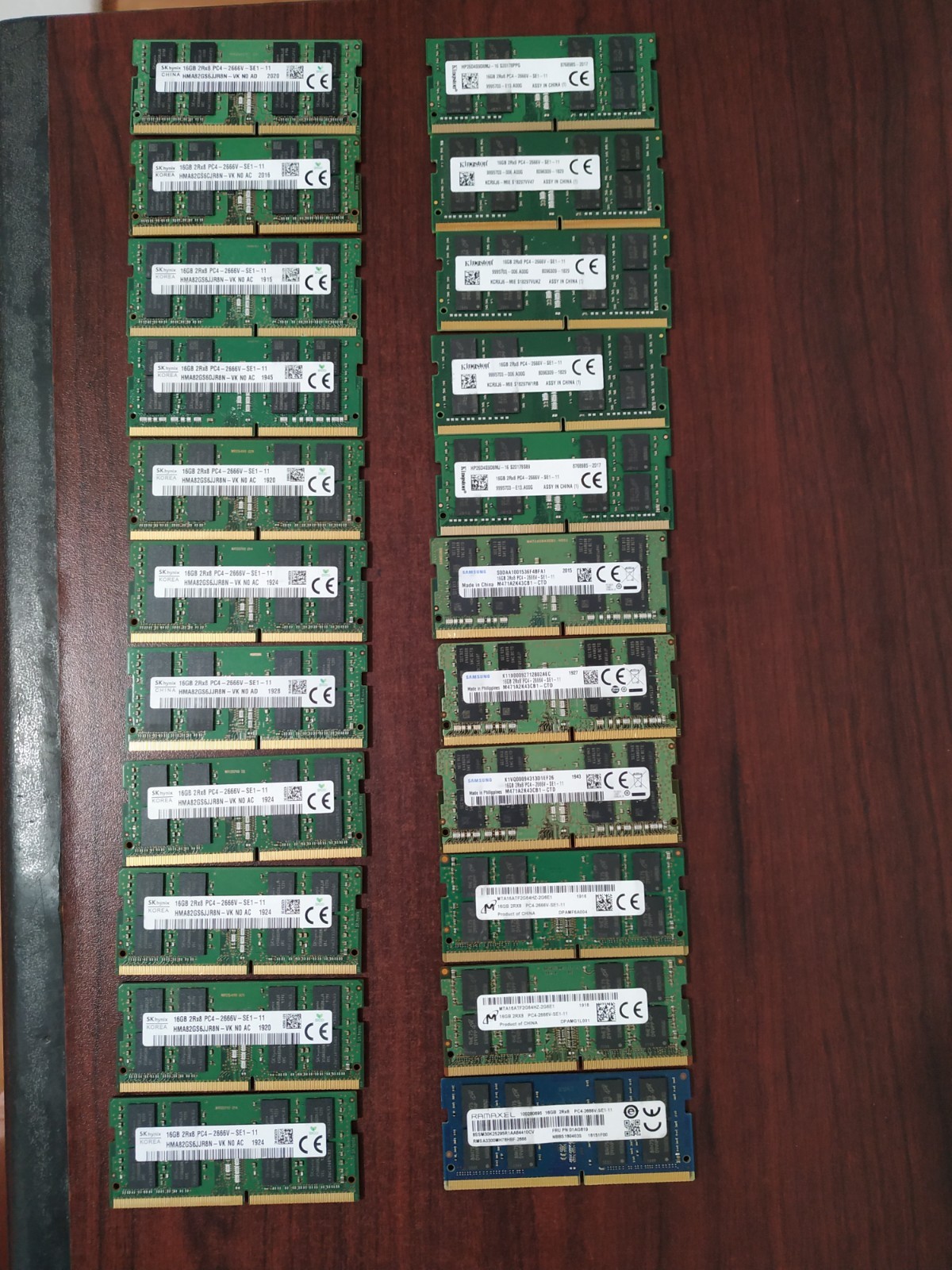 Lot of 22 Mixed brand 16GB 2Rx8 PC4-2666V DDR4 LAPTOP SODIMM RAM
