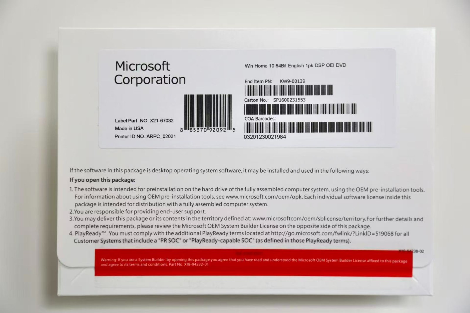  Windows 10 Home 64-Bit DVD and Key 