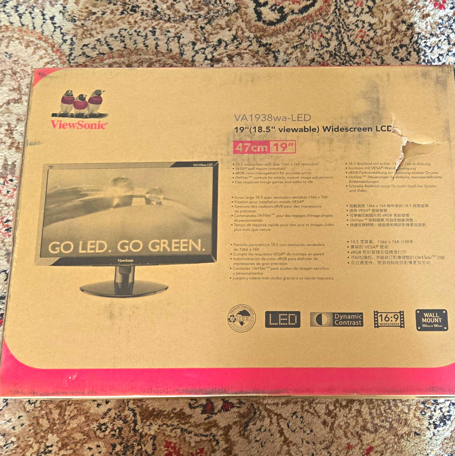 ViewSonic VA1938wa-LED 19in Widescreen LCD Monitor 1366x768 5ms VGA Black