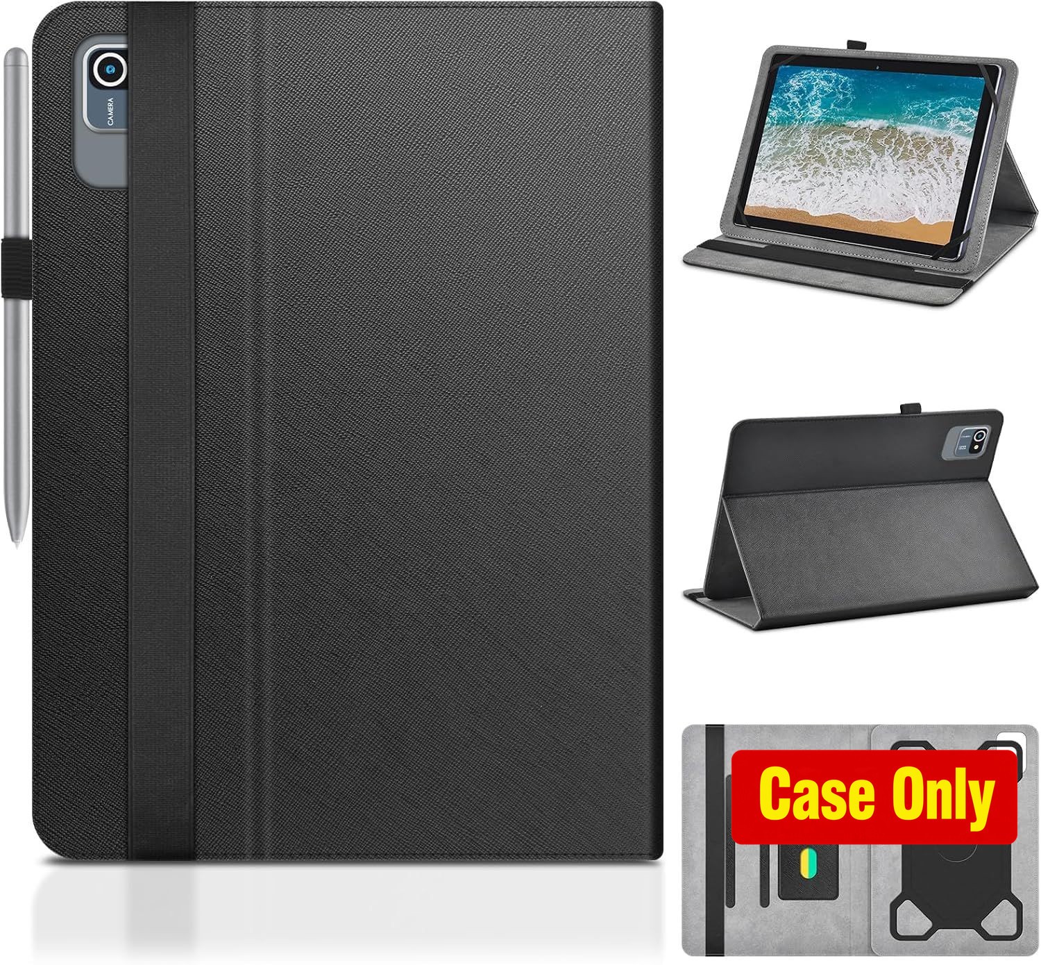 Case for 10.1 Inch Tablet, Black PU Leather with Rear Camera Opening