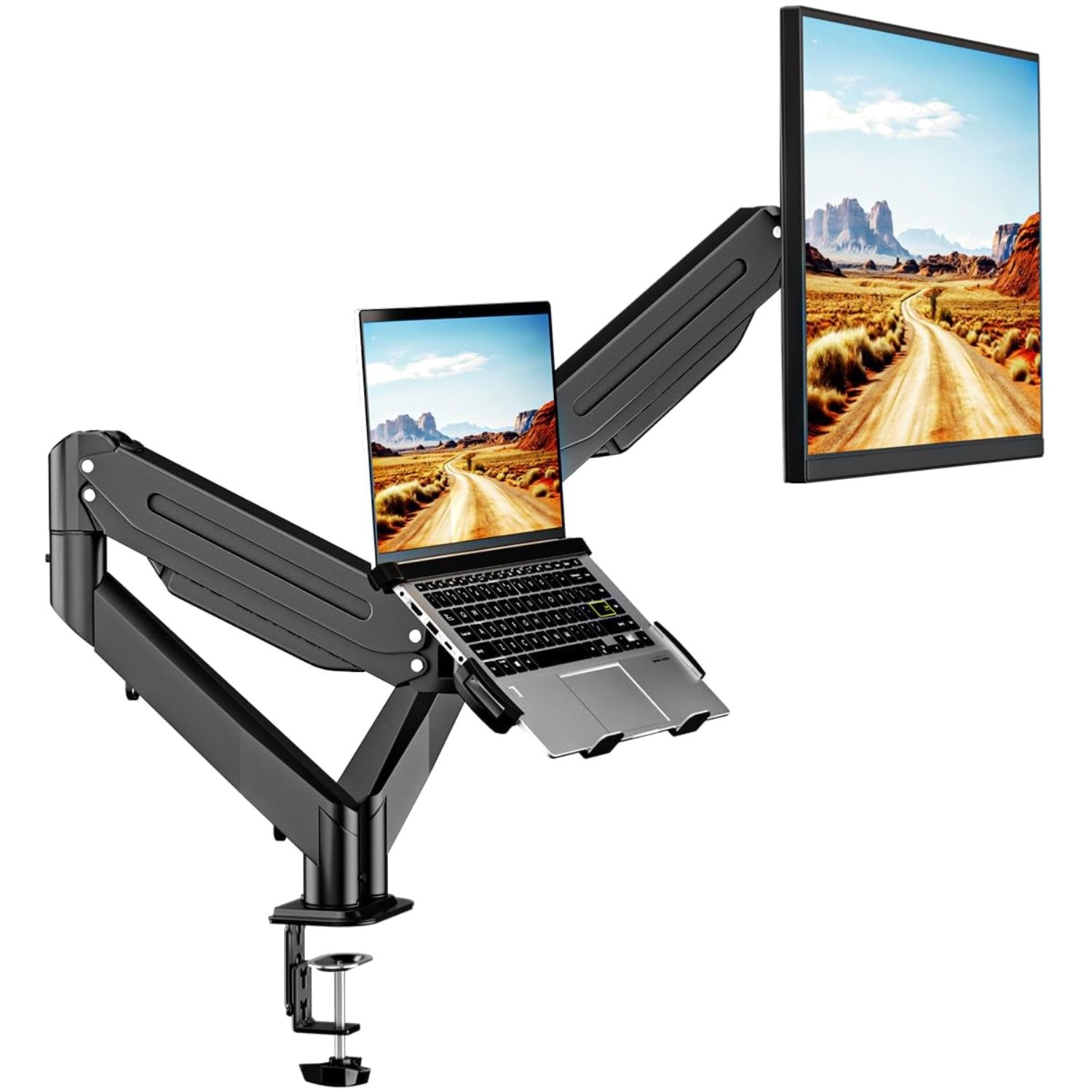 Heavy-Duty Dual Monitor Laptop Mount with Cable Management & Grommet Base Option