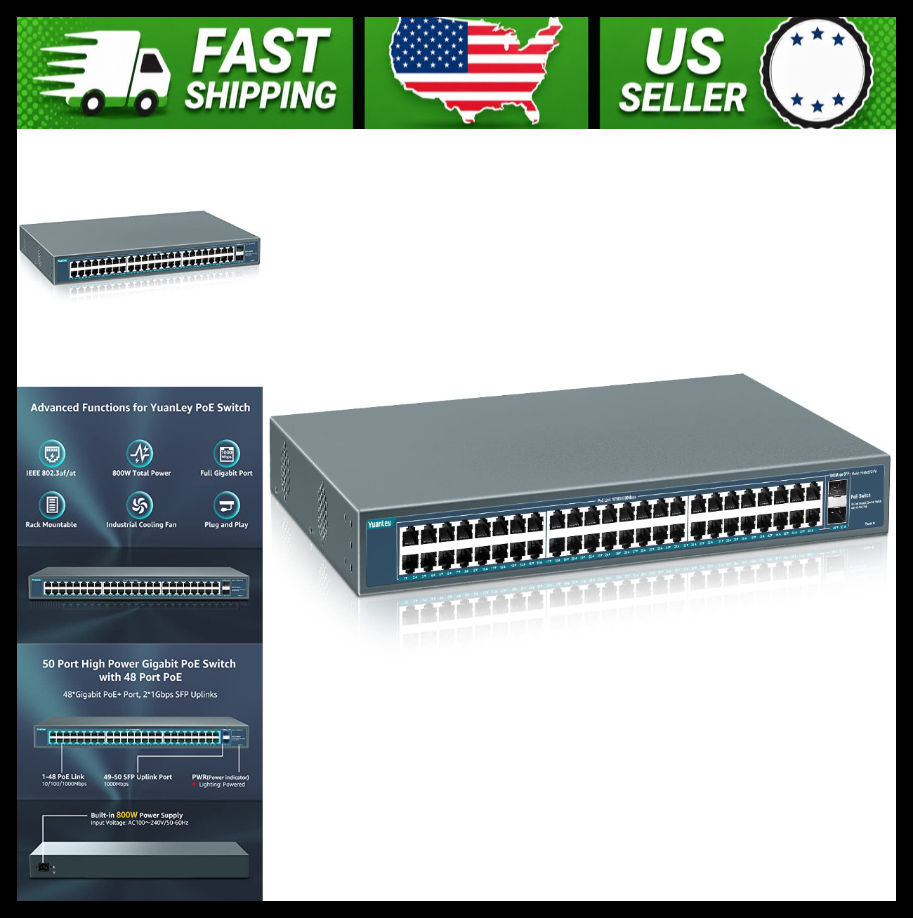 YuanLey 48-Port Gigabit PoE+ Unmanaged Rackmount Switch, 2 SFP Uplinks, 800W
