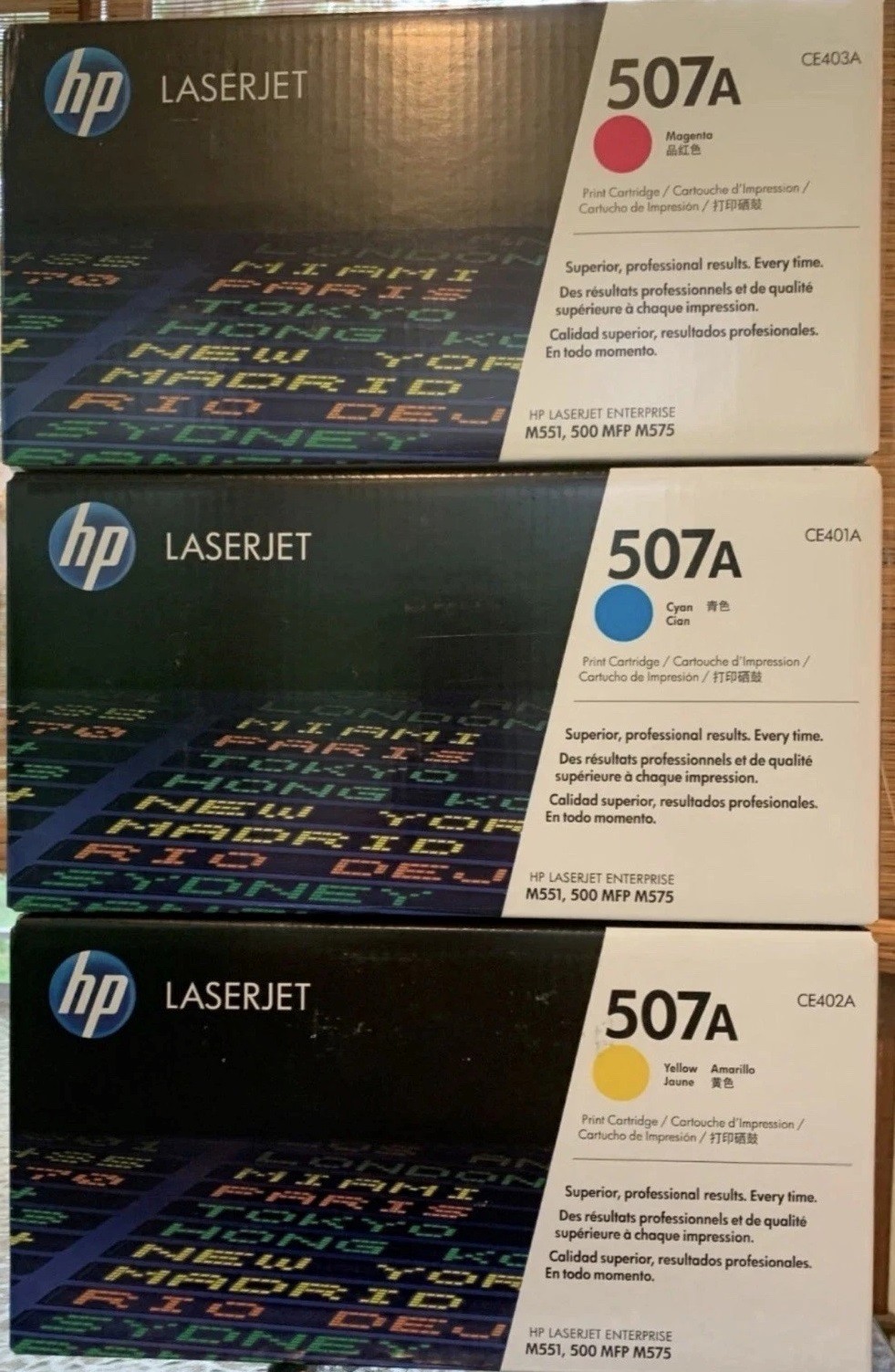 SET 3 GENUINE HP 507A TONERS CE401A CE402A CE403A